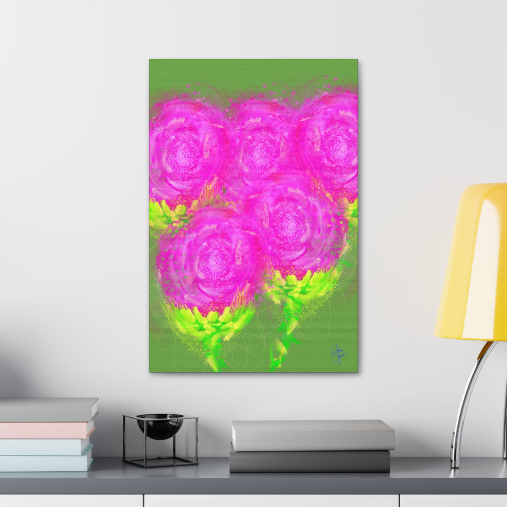 Bright Pink Floral Canvas Print — Modern Abstract Rose Wall Art (Stretched Canvas)