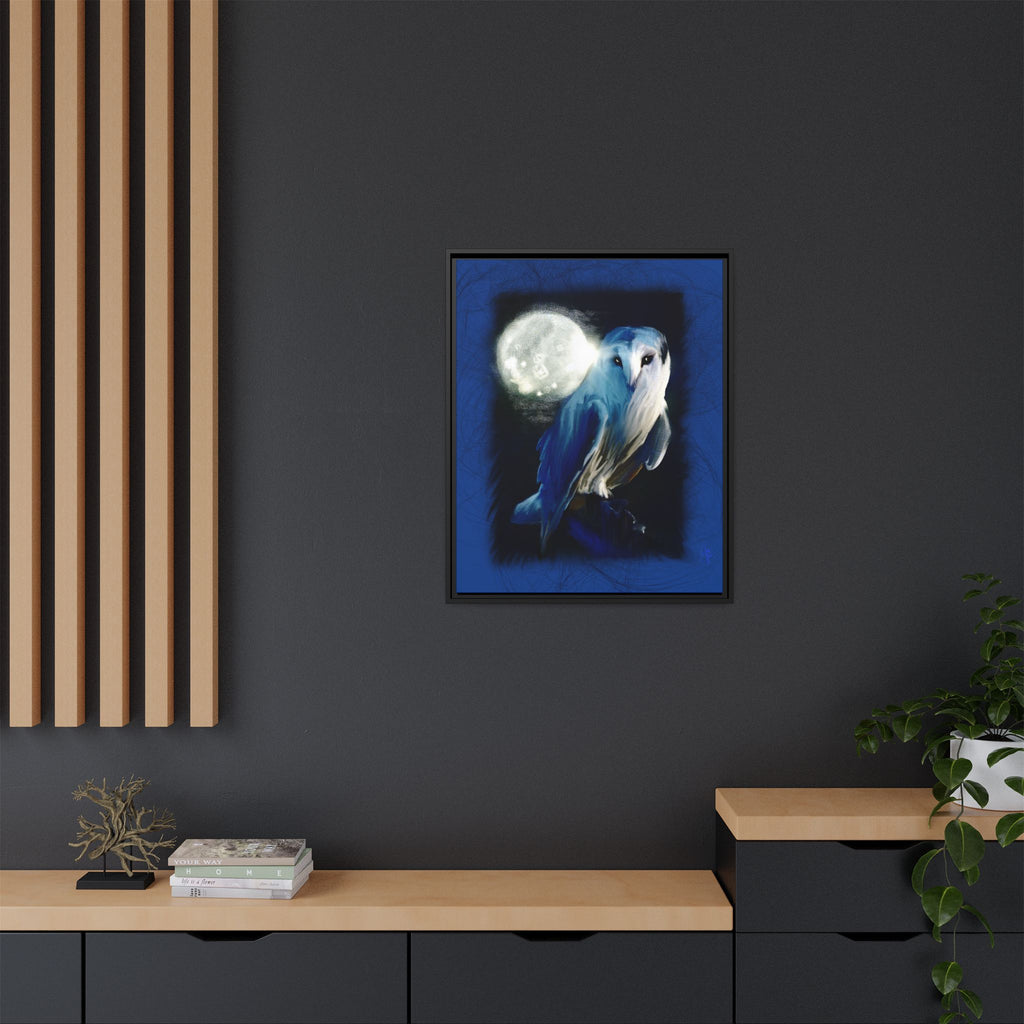Moonlight Owl Matte Framed Canvas — Mystical Blue Owl Wall Art