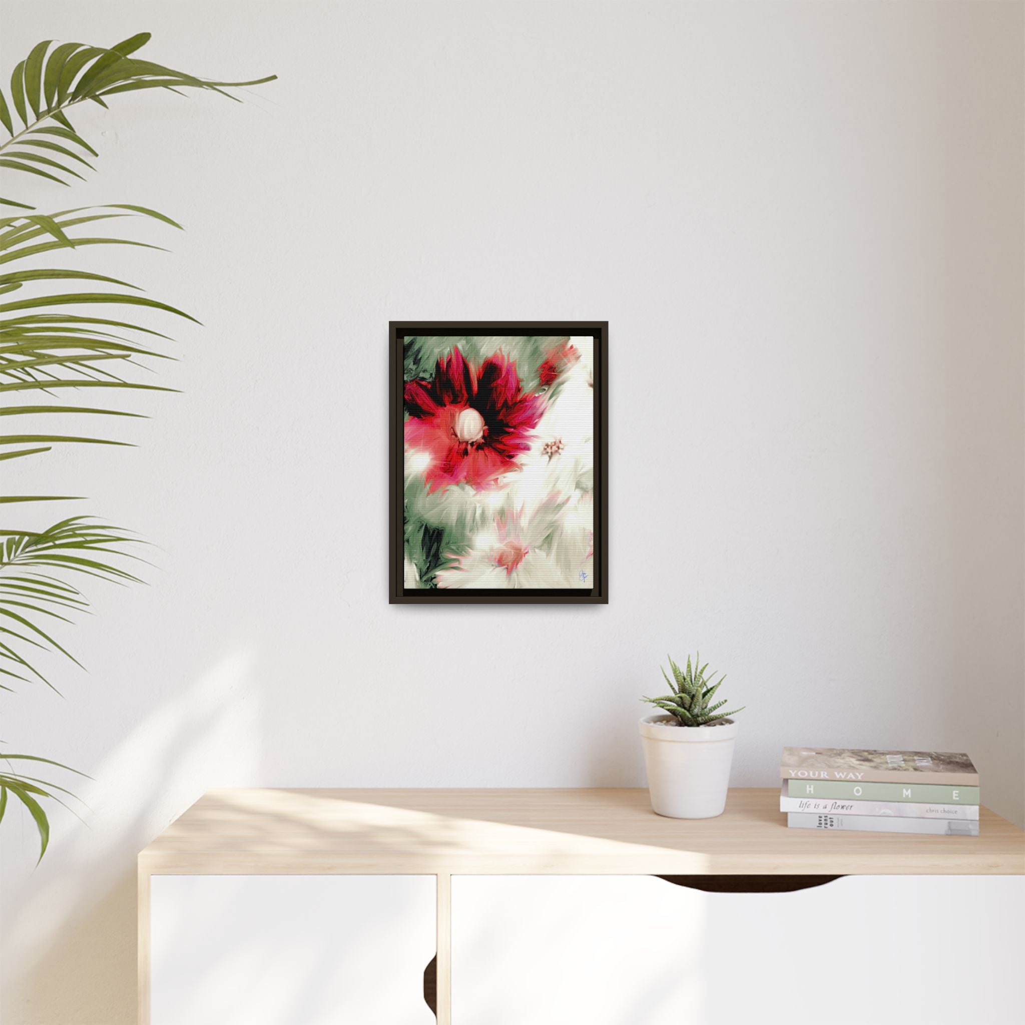 Framed Matte Canvas Print — Blurred Red & White Floral Art