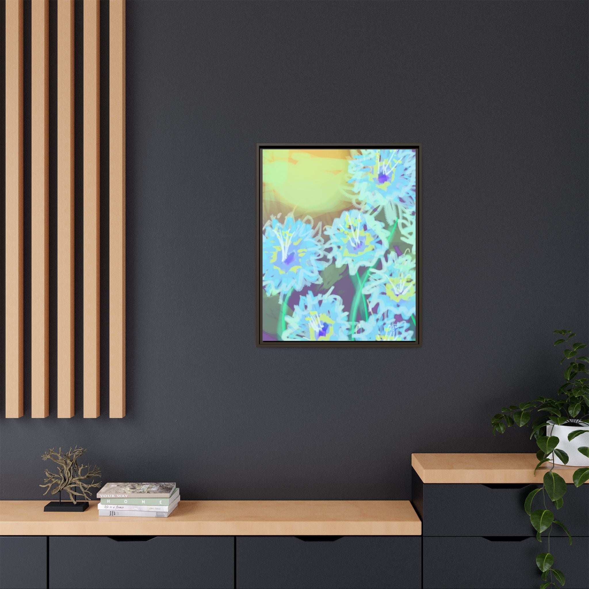 Framed Floral Canvas Art — Blue & Yellow Abstract Bouquet (Matte)