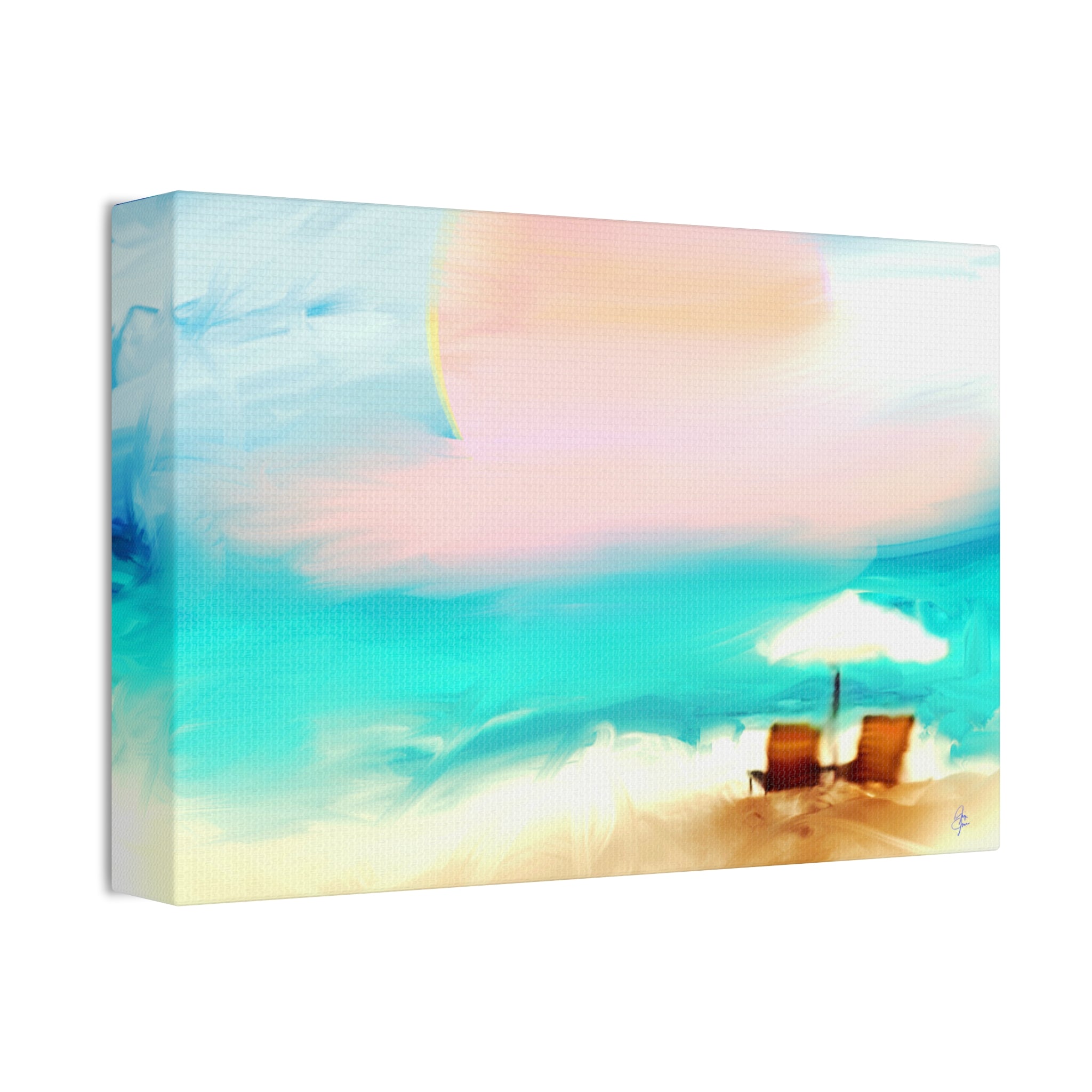 Beach Sunset Canvas Wall Art — Tropical Chairs & Umbrella Stretched Canvas