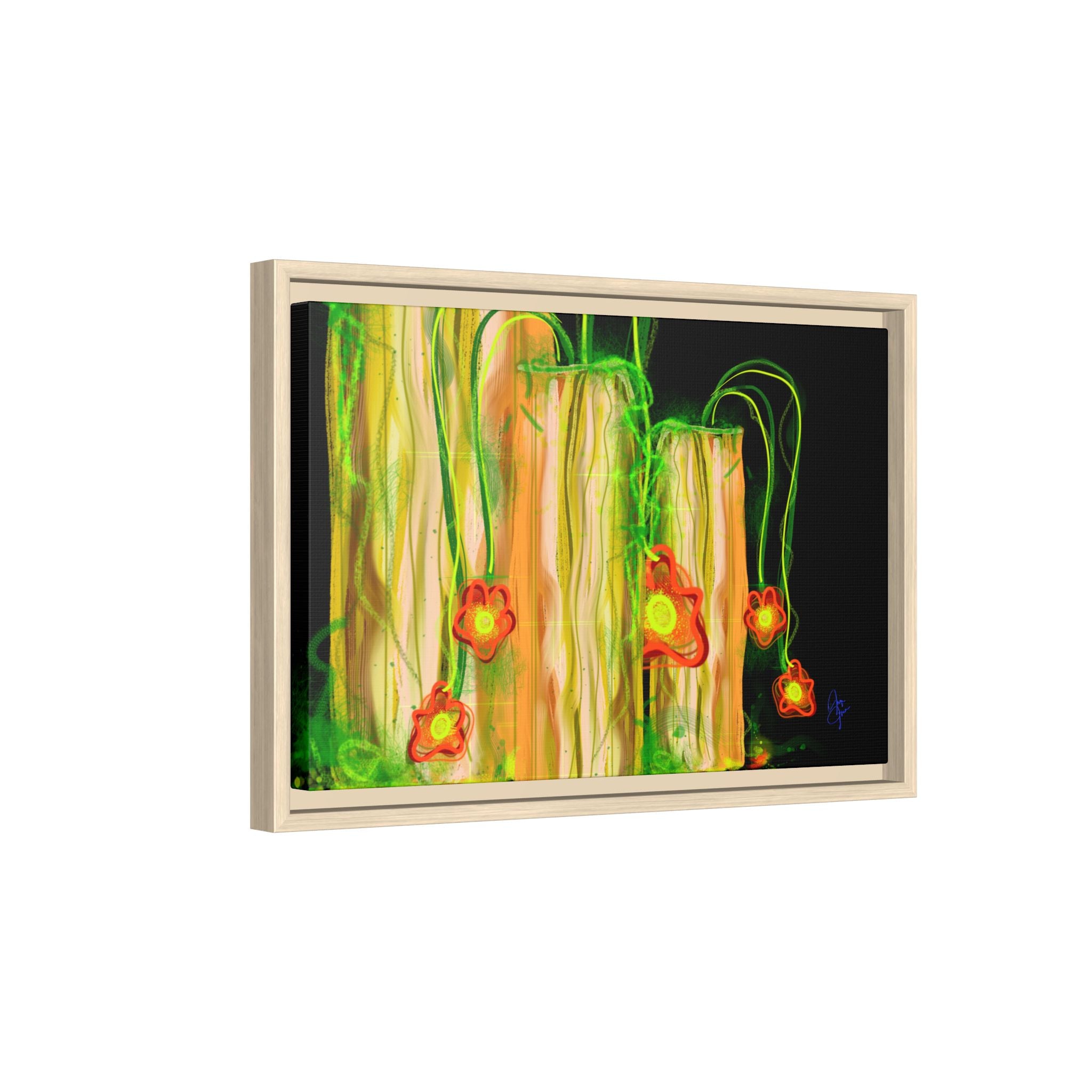 Framed Matte Canvas Print — Neon Floral Candlelight Art