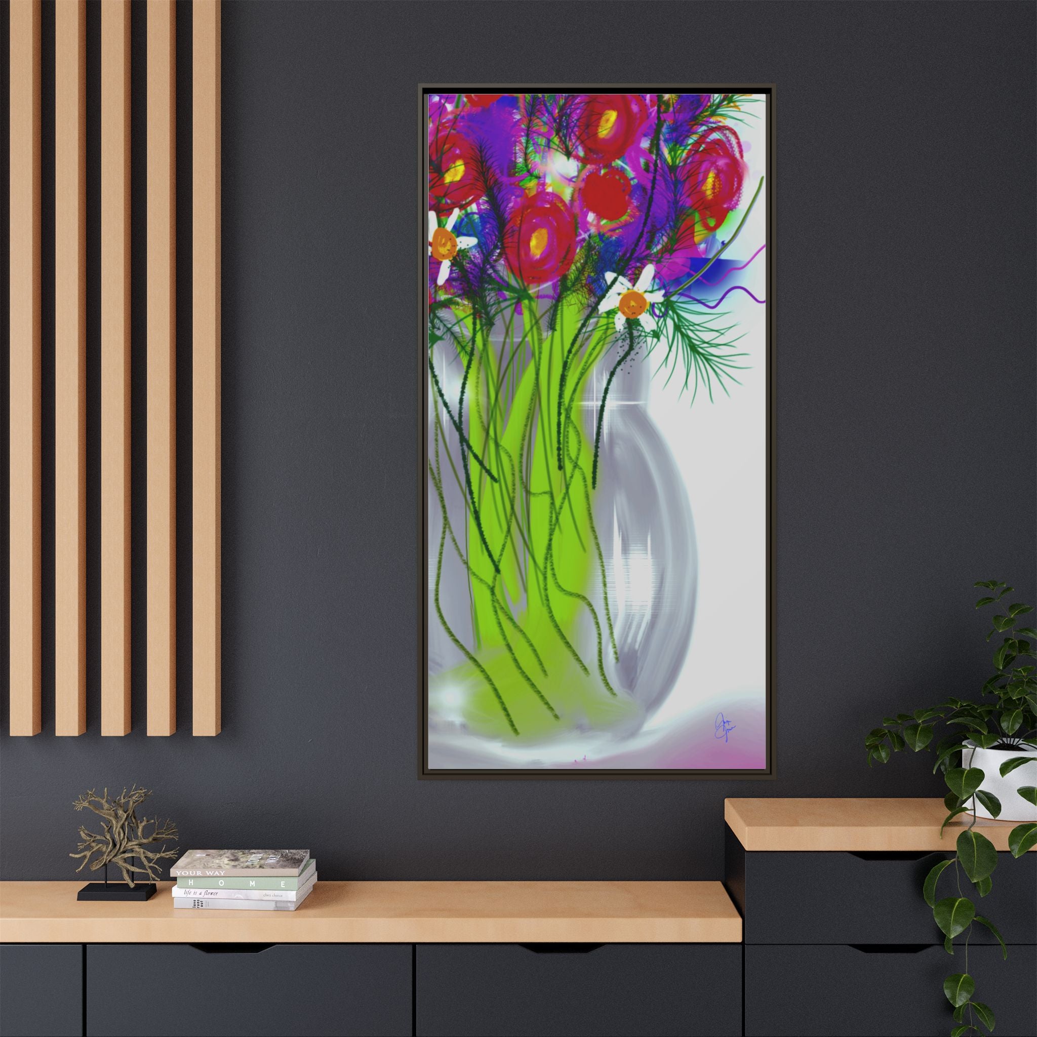 Framed Floral Bouquet Matte Canvas Wall Art — Colorful Abstract Flowers in Vase
