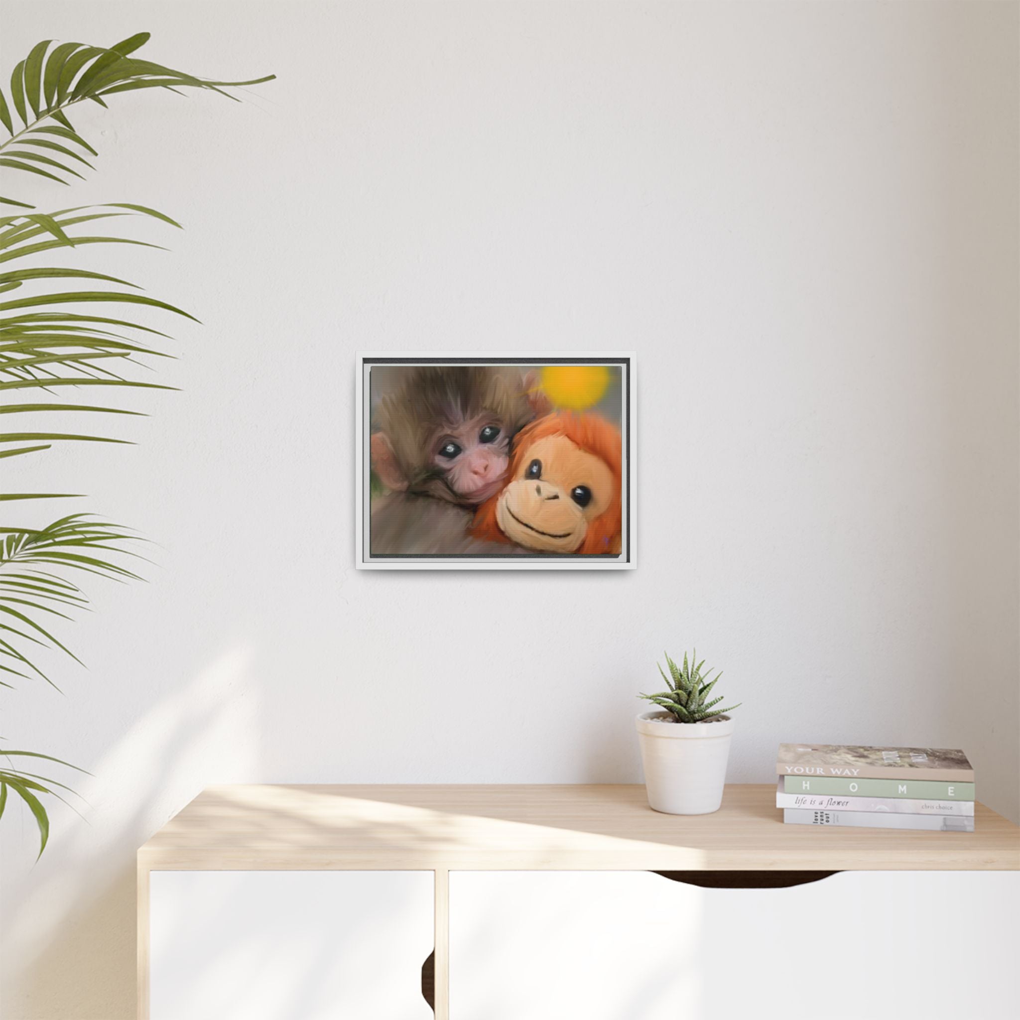 Framed Matte Canvas Print — Baby Monkey & Plush Orangutan Wall Art