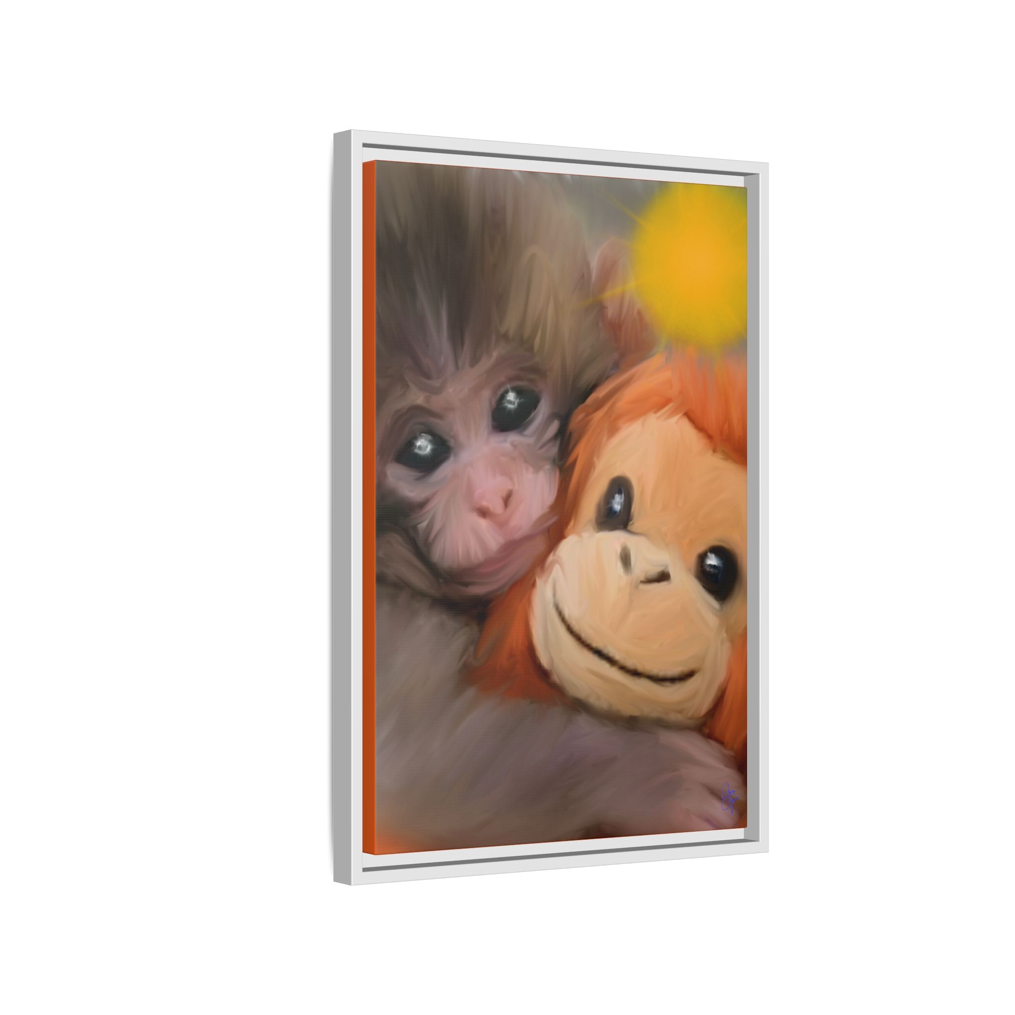 Framed Matte Canvas Print — Baby Monkey & Plush Orangutan Wall Art
