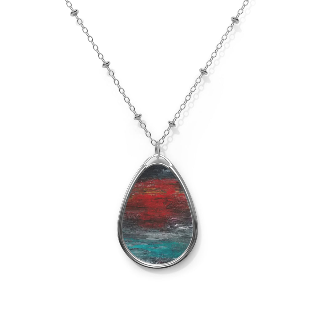 Abstract Teardrop Pendant Necklace — Red & Teal Ocean Art Oval Necklace