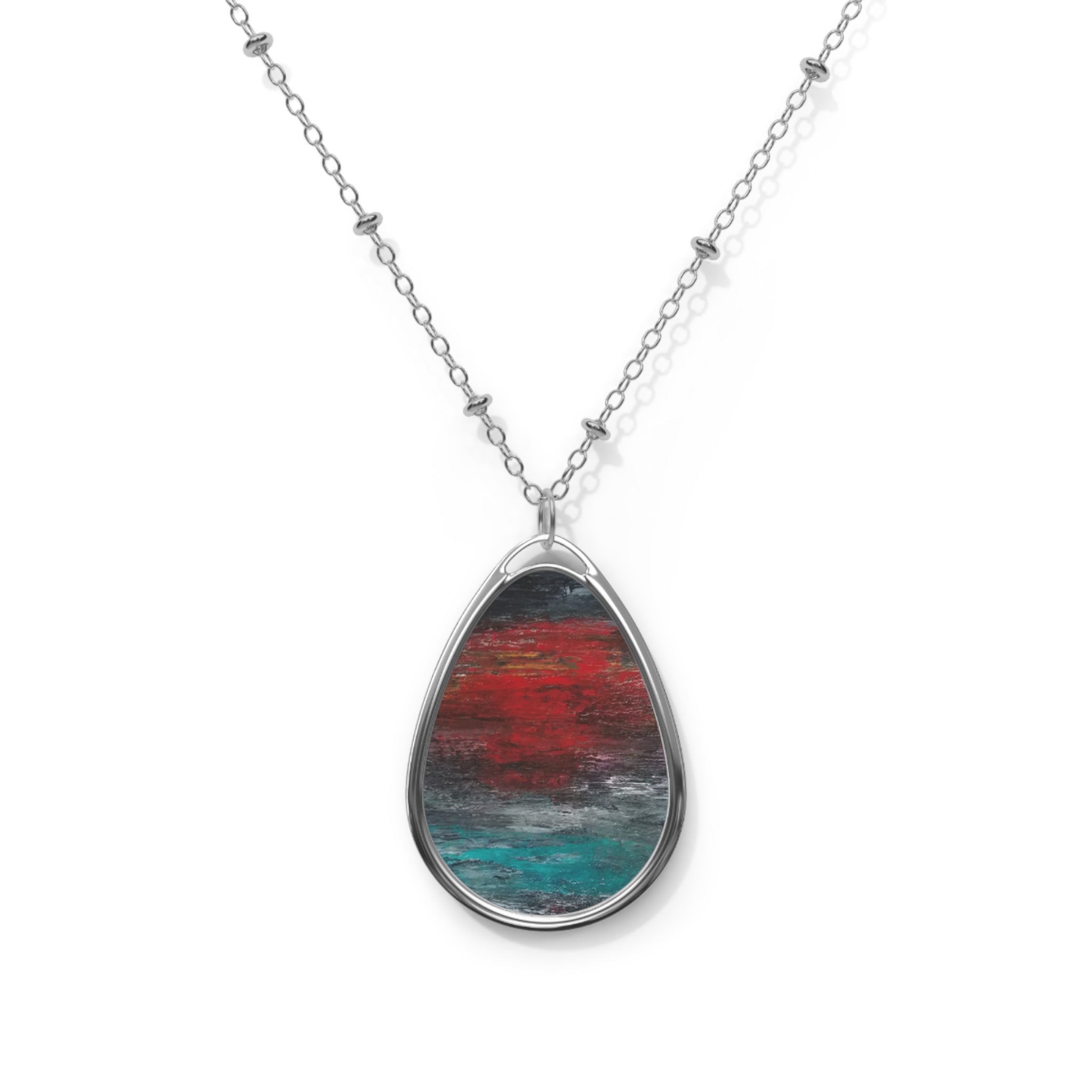 Abstract Teardrop Pendant Necklace — Red & Teal Ocean Art Oval Necklace