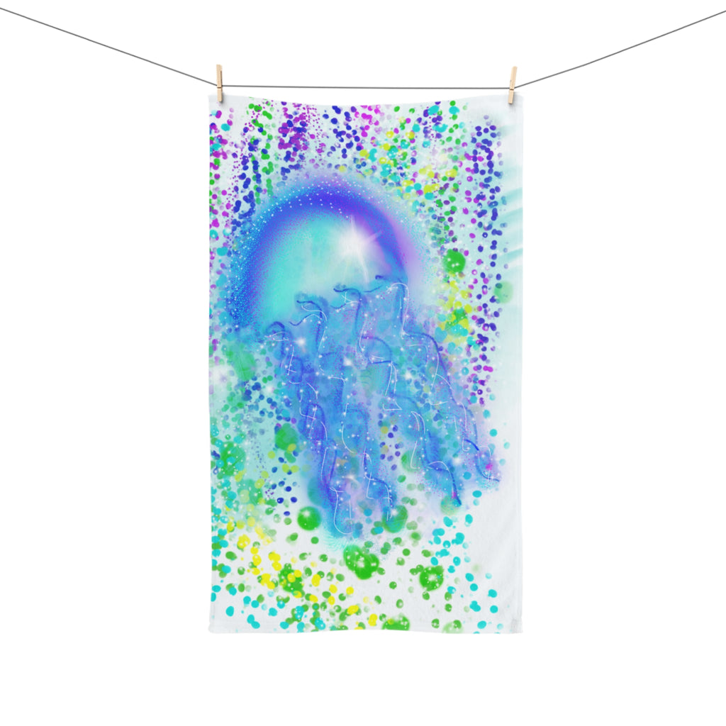 Jellyfish Splash Hand Towel — Iridescent Ocean Waves, Blue & Teal Sea Life Design