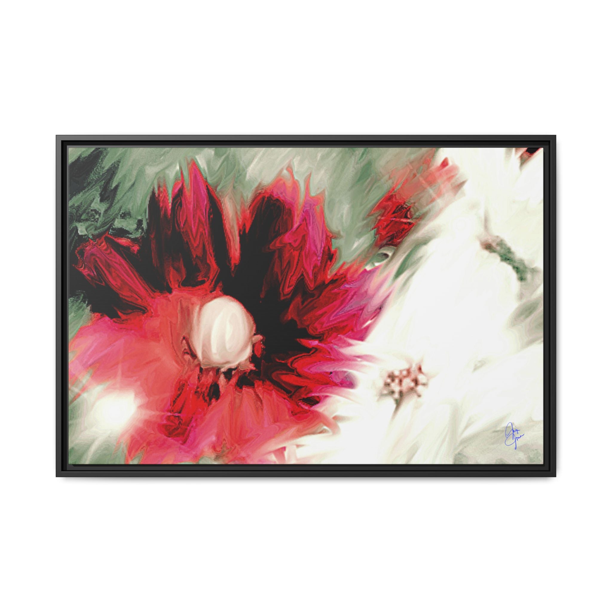 Framed Matte Canvas Print — Blurred Red & White Floral Art