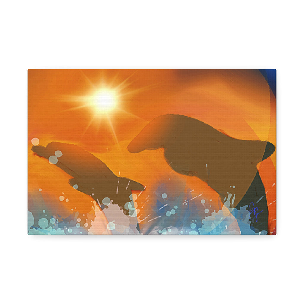 Sunset Dolphin Canvas Wall Art — Vibrant Ocean Sunset Stretch Canvas