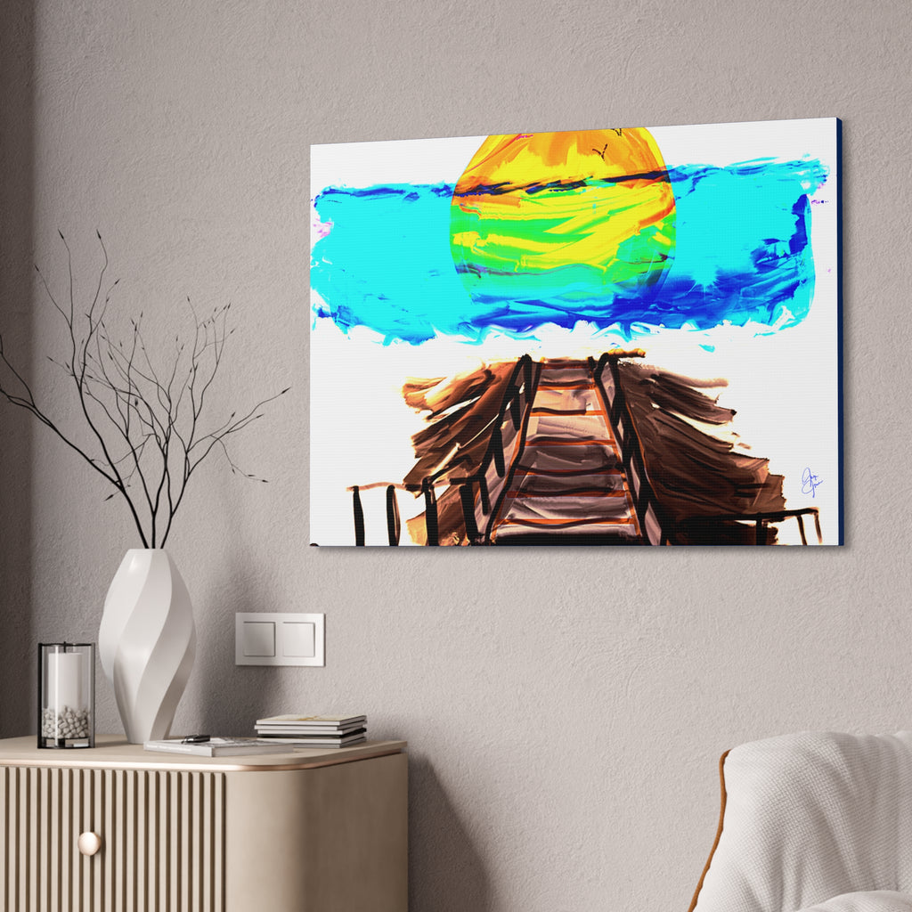 Beach Pier Sunrise Canvas Wall Art – Vibrant Tropical Seascape on Stretched Canvas