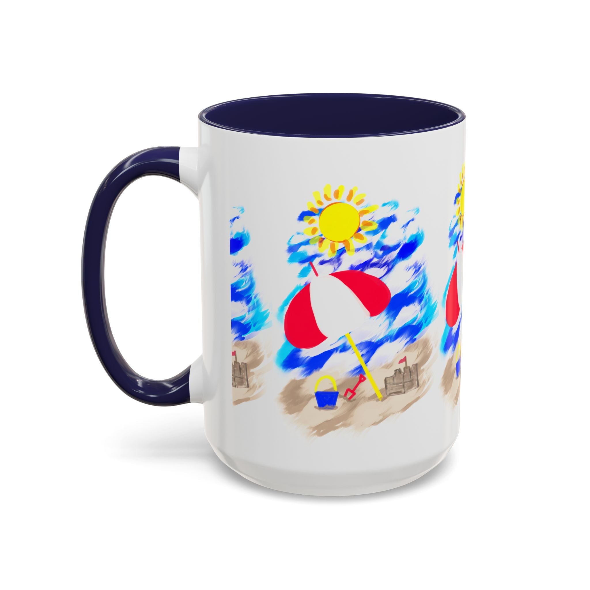 Beach Scene Coffee Mug – Summer Umbrella, Sun & Sandcastle Accent Mug