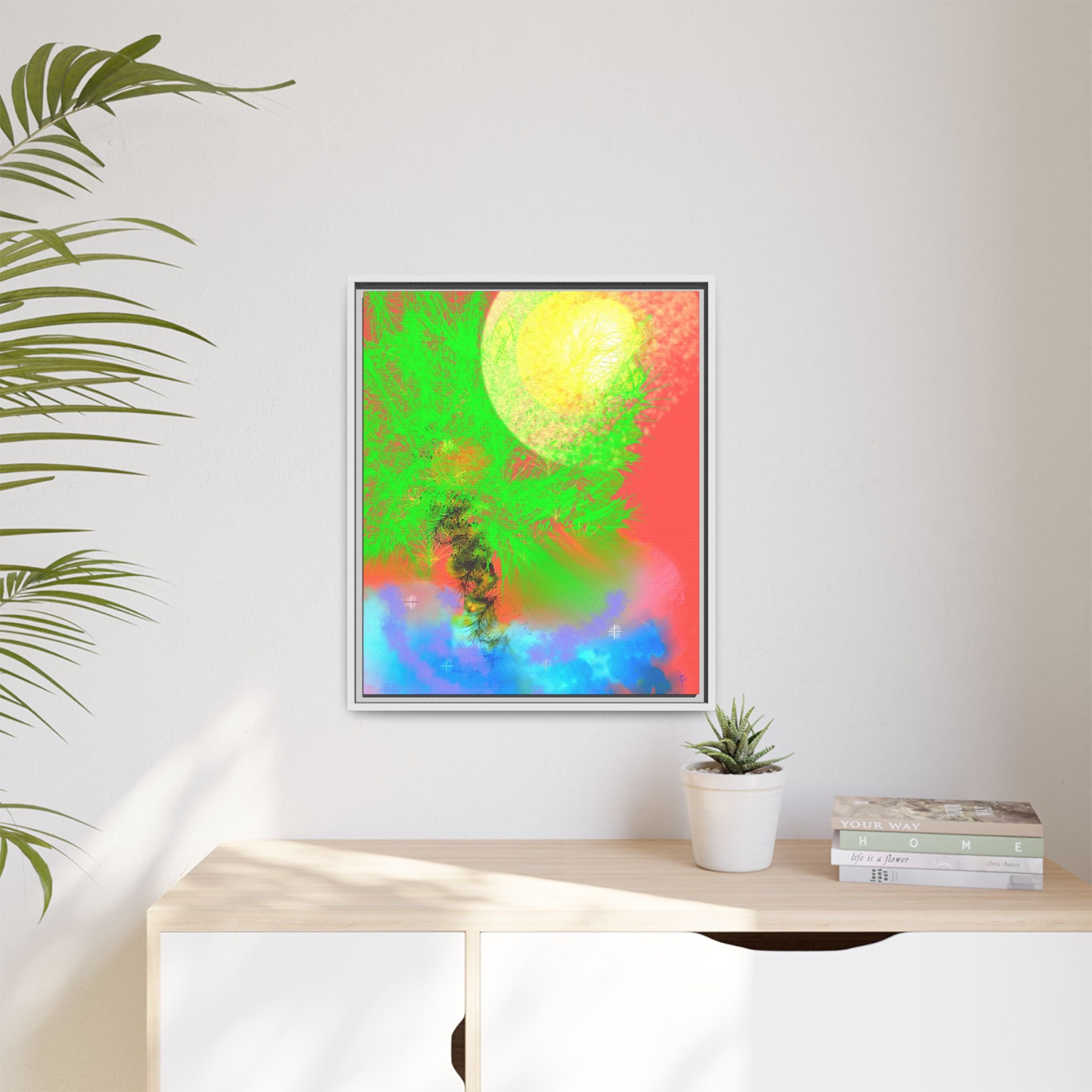 Abstract Neon Tree Matte Canvas Framed Art — Vibrant Green Moon Landscape