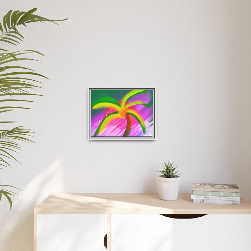 Framed Matte Canvas Print — Neon Palm Beach Art