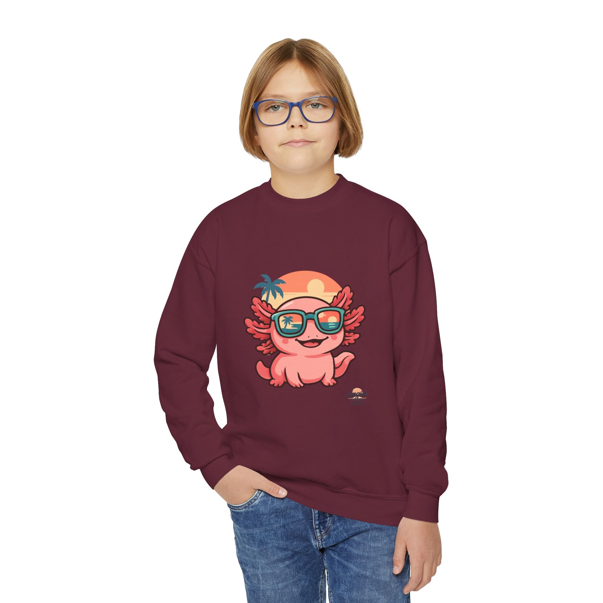 Axolotl Crewneck Sweatshirt — Cute Pink Axolotl with Sunglasses & Sunset