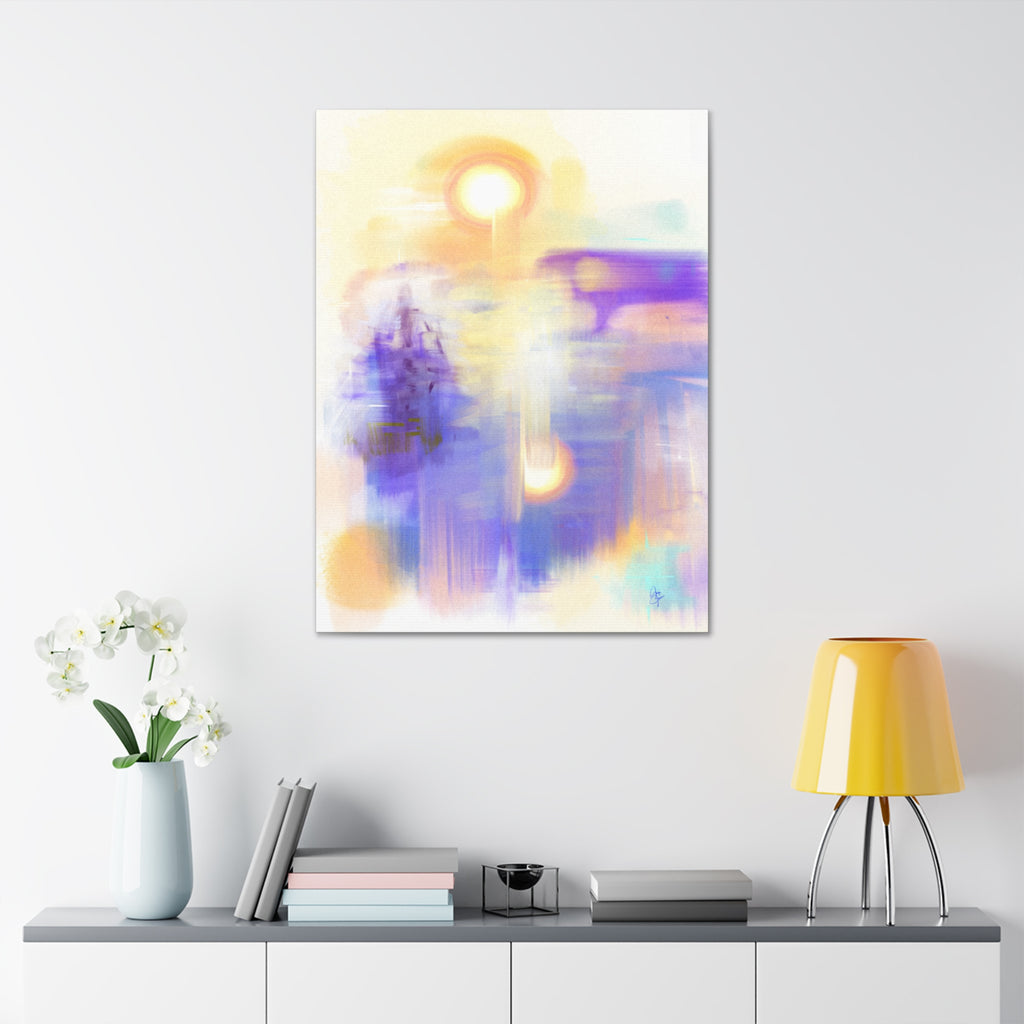 Abstract Sunrise Canvas Print — Ethereal Purple & Gold Stretched Wall Art (1.5" Depth)