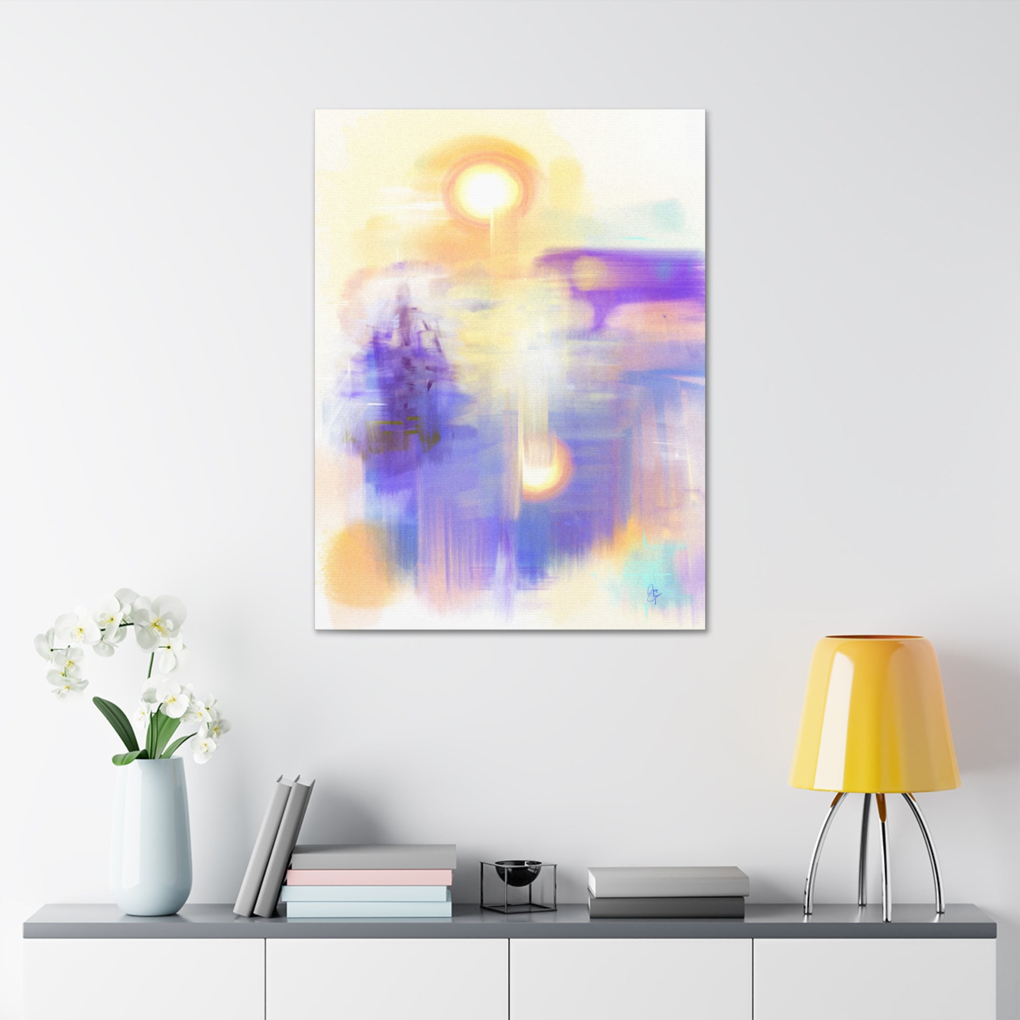 Abstract Sunrise Canvas Print — Ethereal Purple & Gold Stretched Wall Art (1.5" Depth)