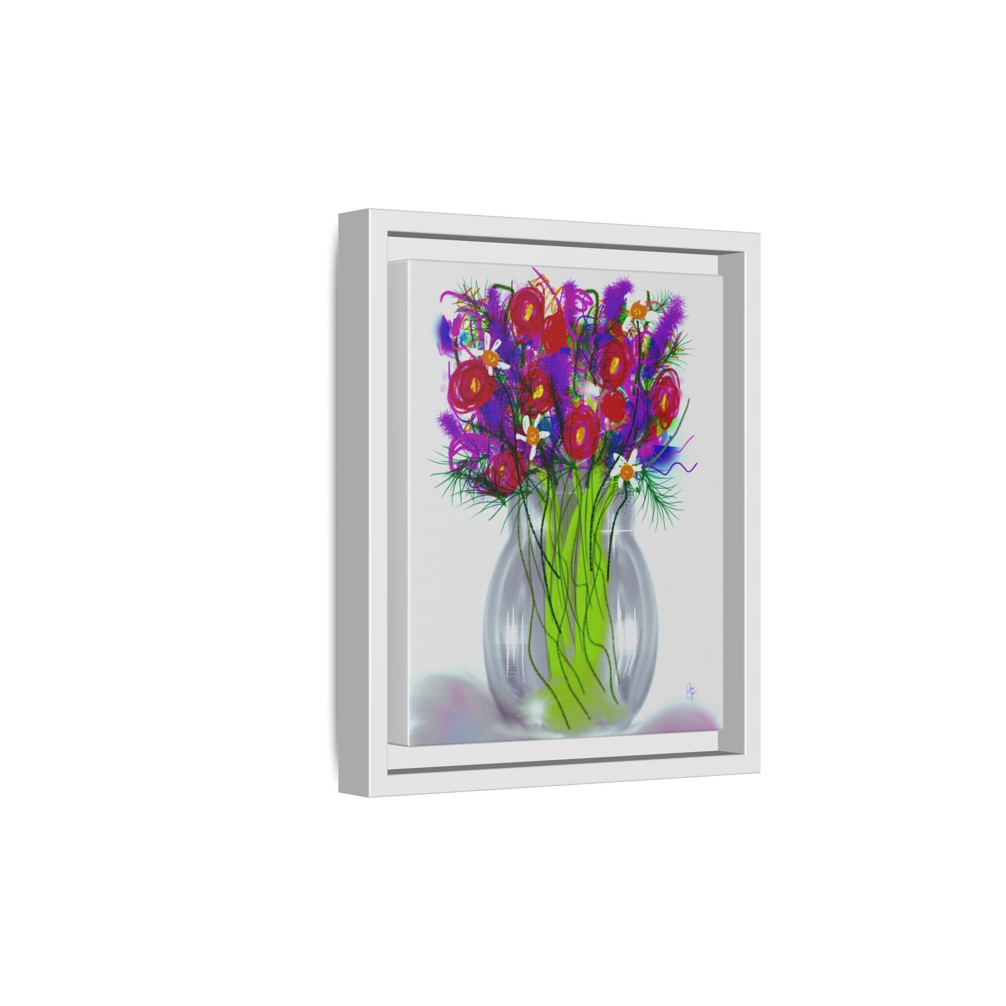 Framed Floral Bouquet Matte Canvas Wall Art — Colorful Abstract Flowers in Vase