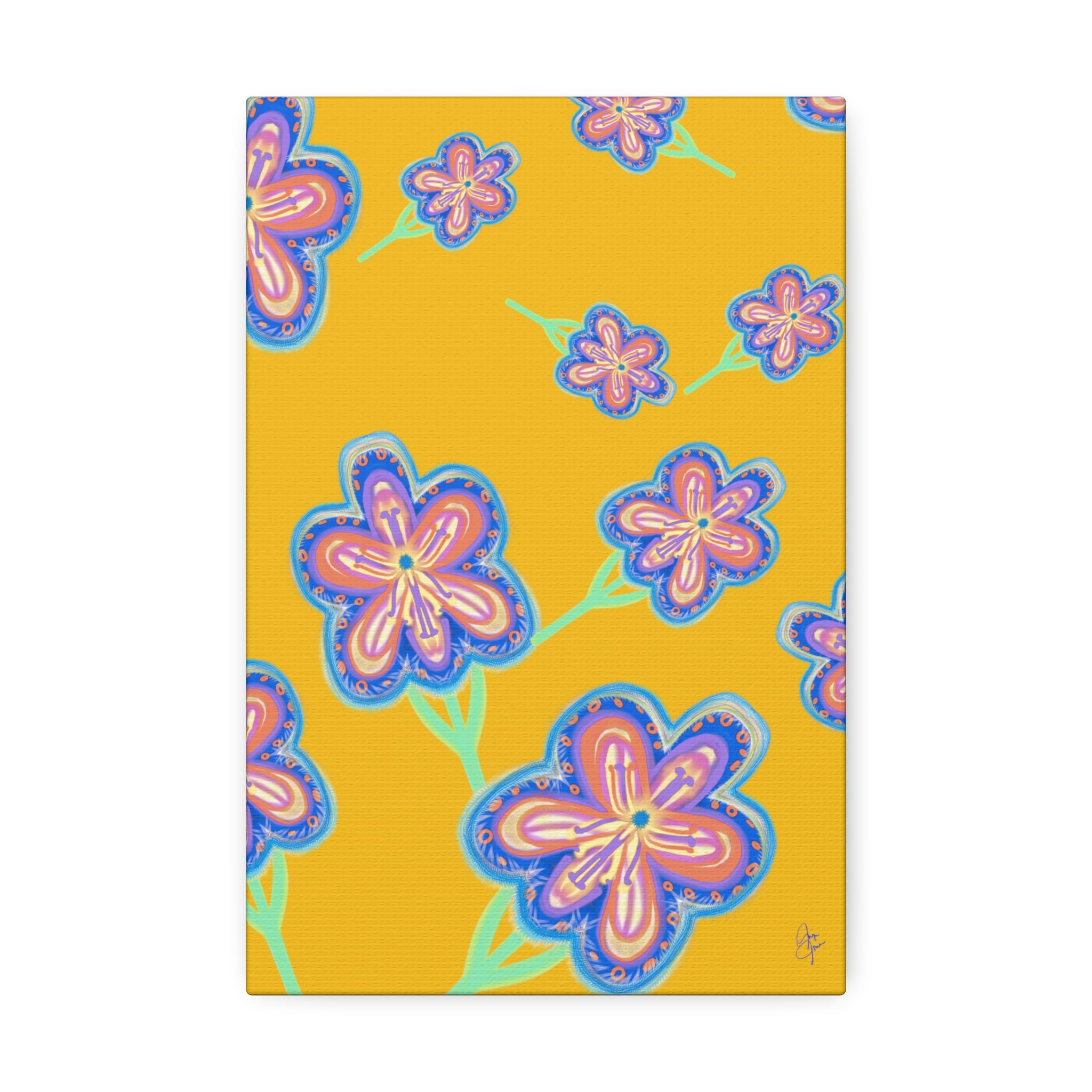Floral Pop Canvas — Bright Blue Hand-Drawn Flowers Stretched Canvas