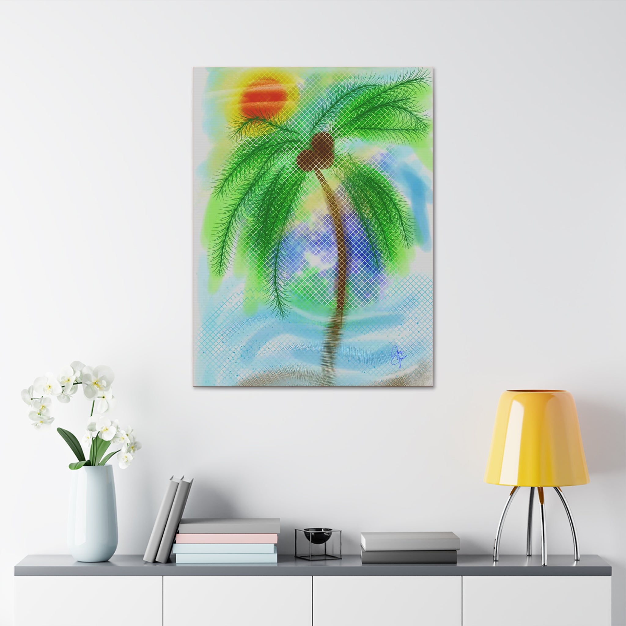 Tropical Palm Canvas Print – Heart Coconut Sunset Wall Art, Stretched 1.5"