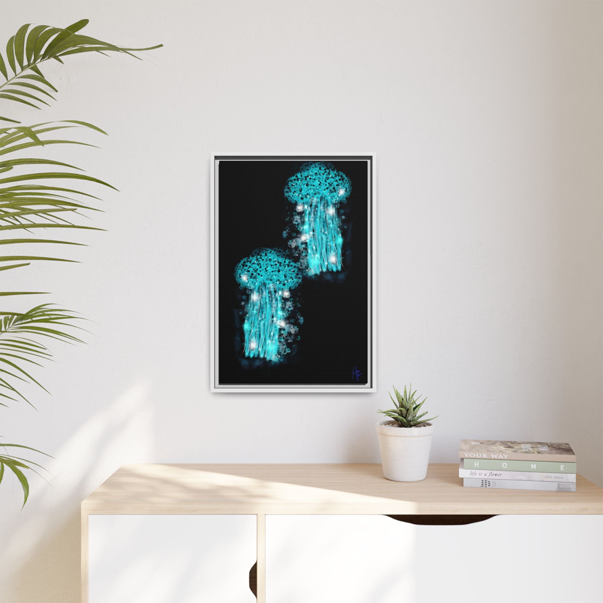 Glowing Jellyfish Art Print — Framed Matte Canvas