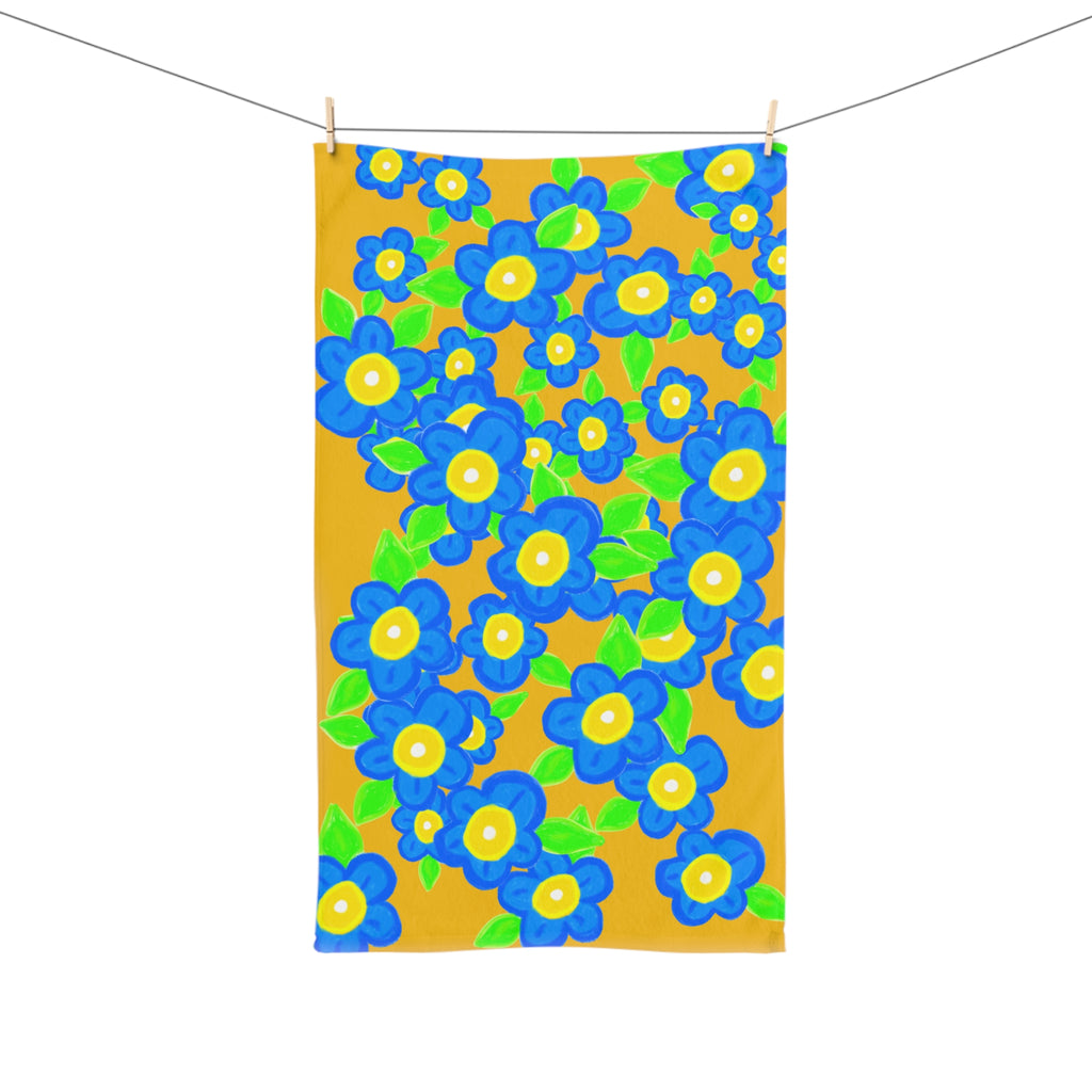 Blue Daisies Floral Hand Towel — Bright Yellow Retro Flower Kitchen & Bath Accent
