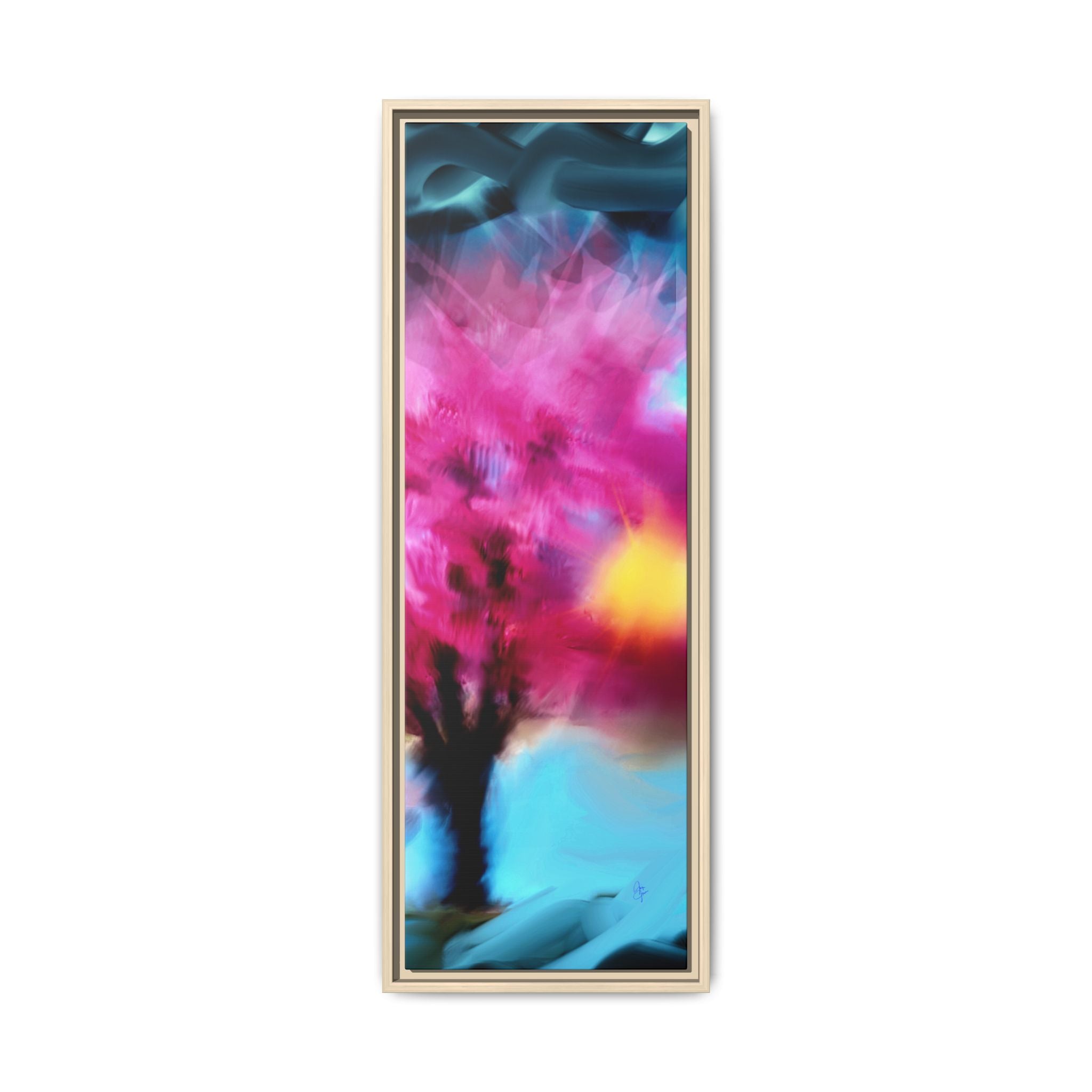 Framed Abstract Blossom Canvas — Vertical Pink & Blue Wall Art