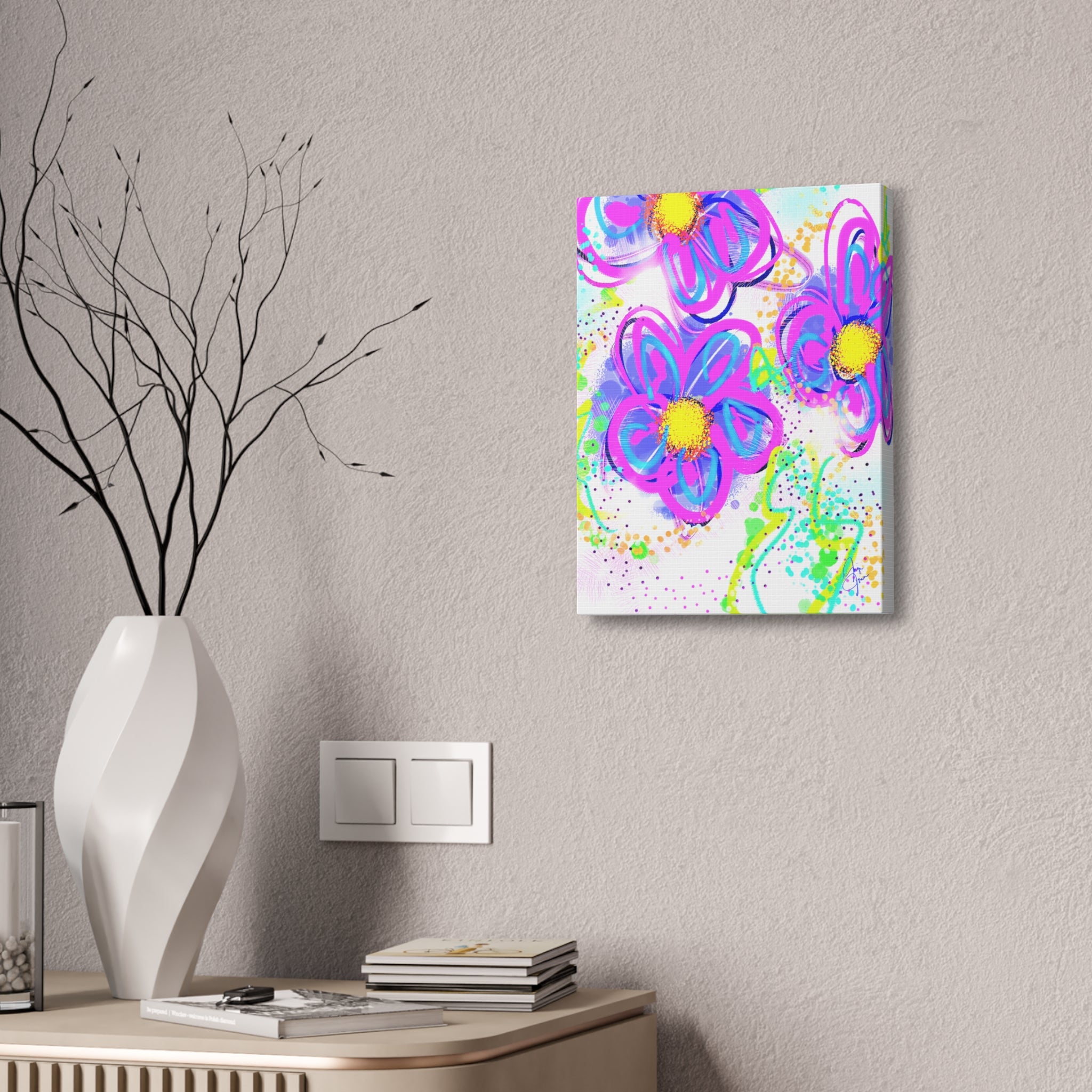 Vibrant Neon Floral Canvas Print — Pink & Green Stretched Wall Art
