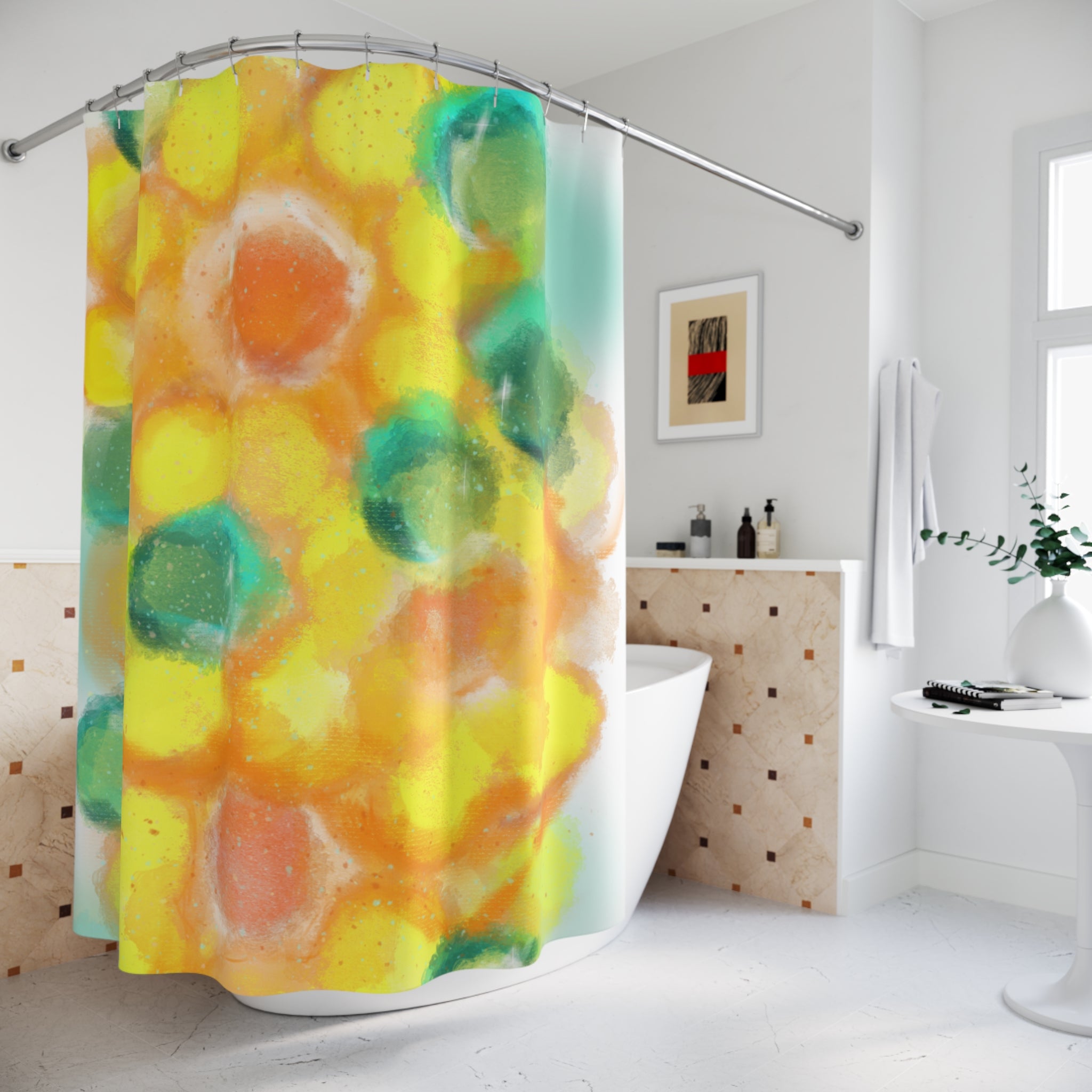 Abstract Citrus Bloom Shower Curtain — Bright Watercolor Floral Bathroom Decor