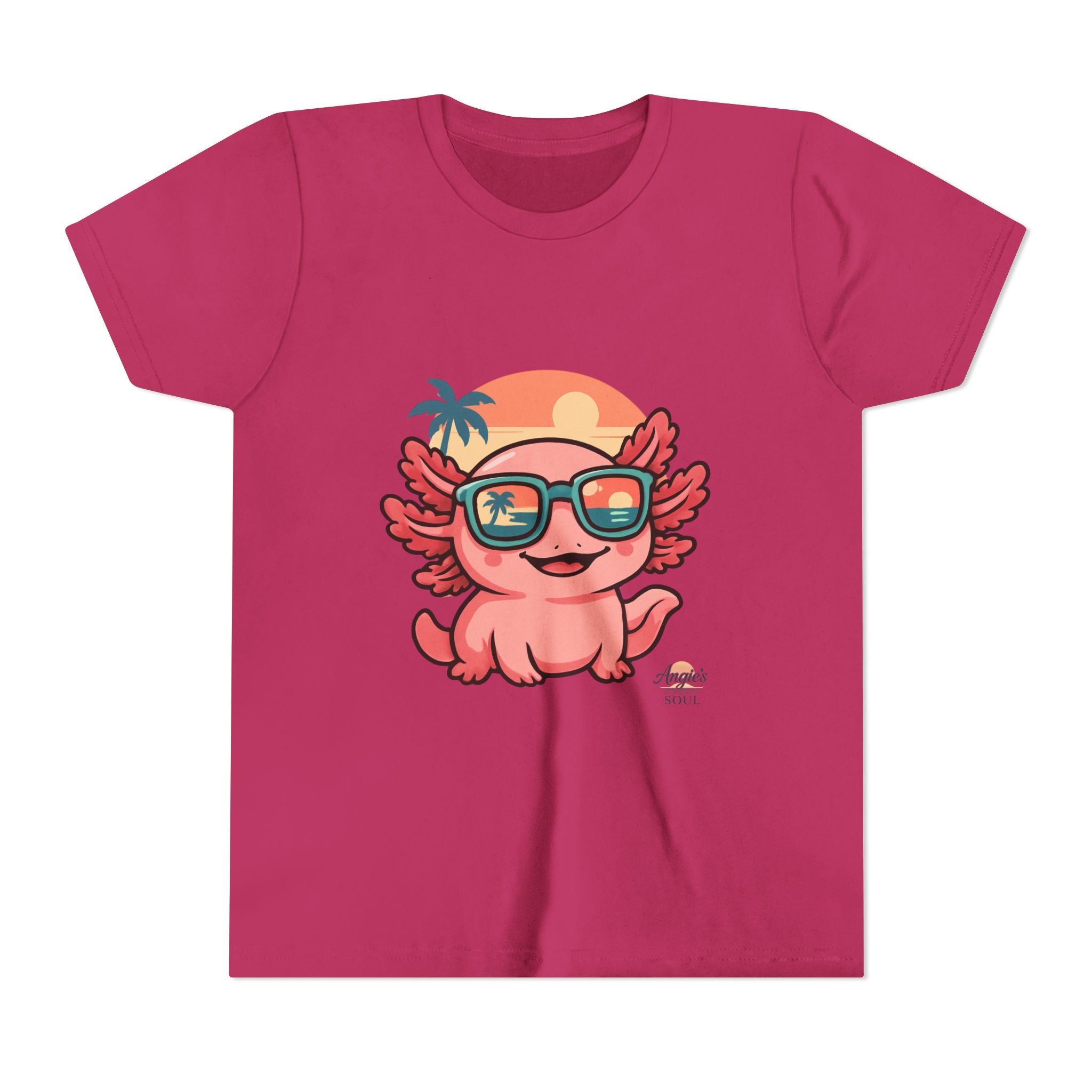 Axolotl Sunset Kids Tee — Cute Sunglasses Beach Axolotl Youth T-Shirt