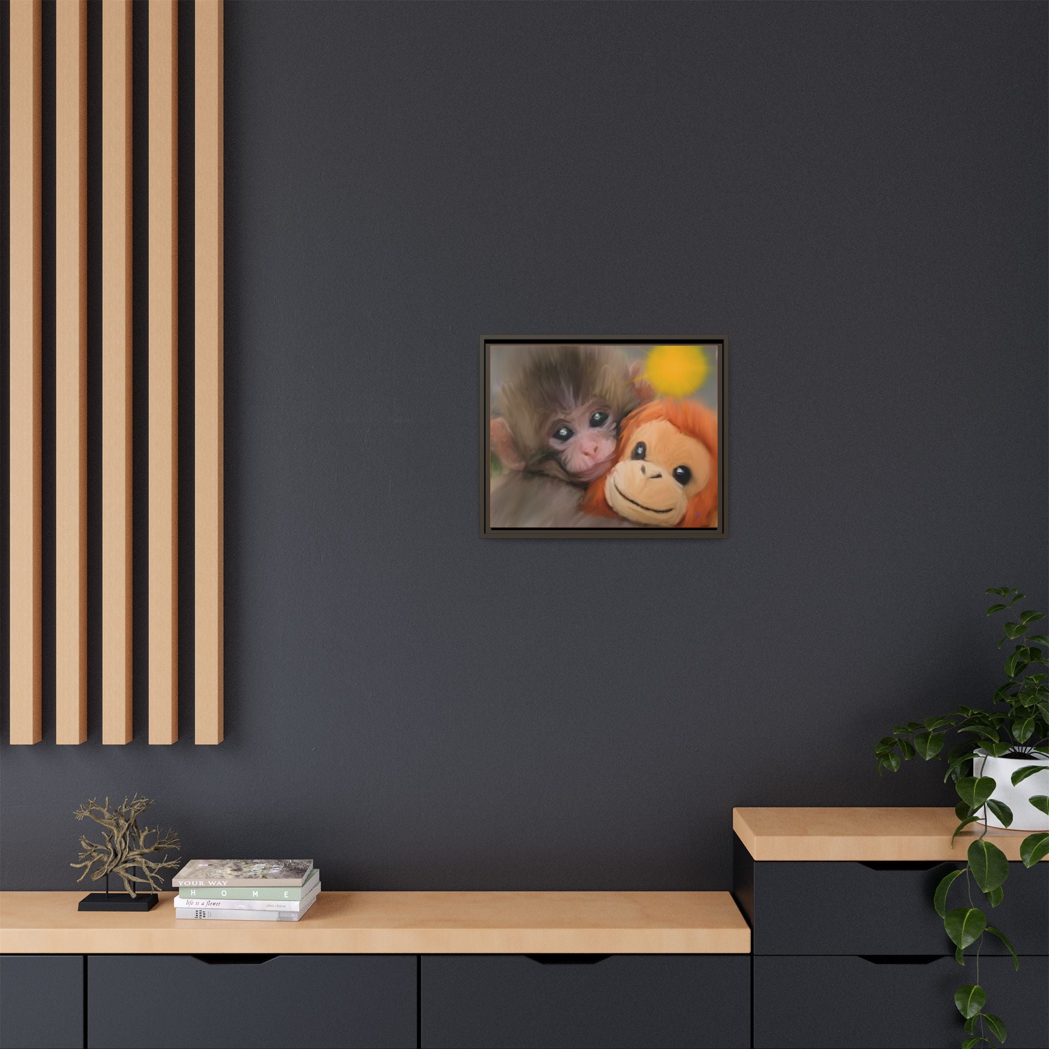 Framed Matte Canvas Print — Baby Monkey & Plush Orangutan Wall Art