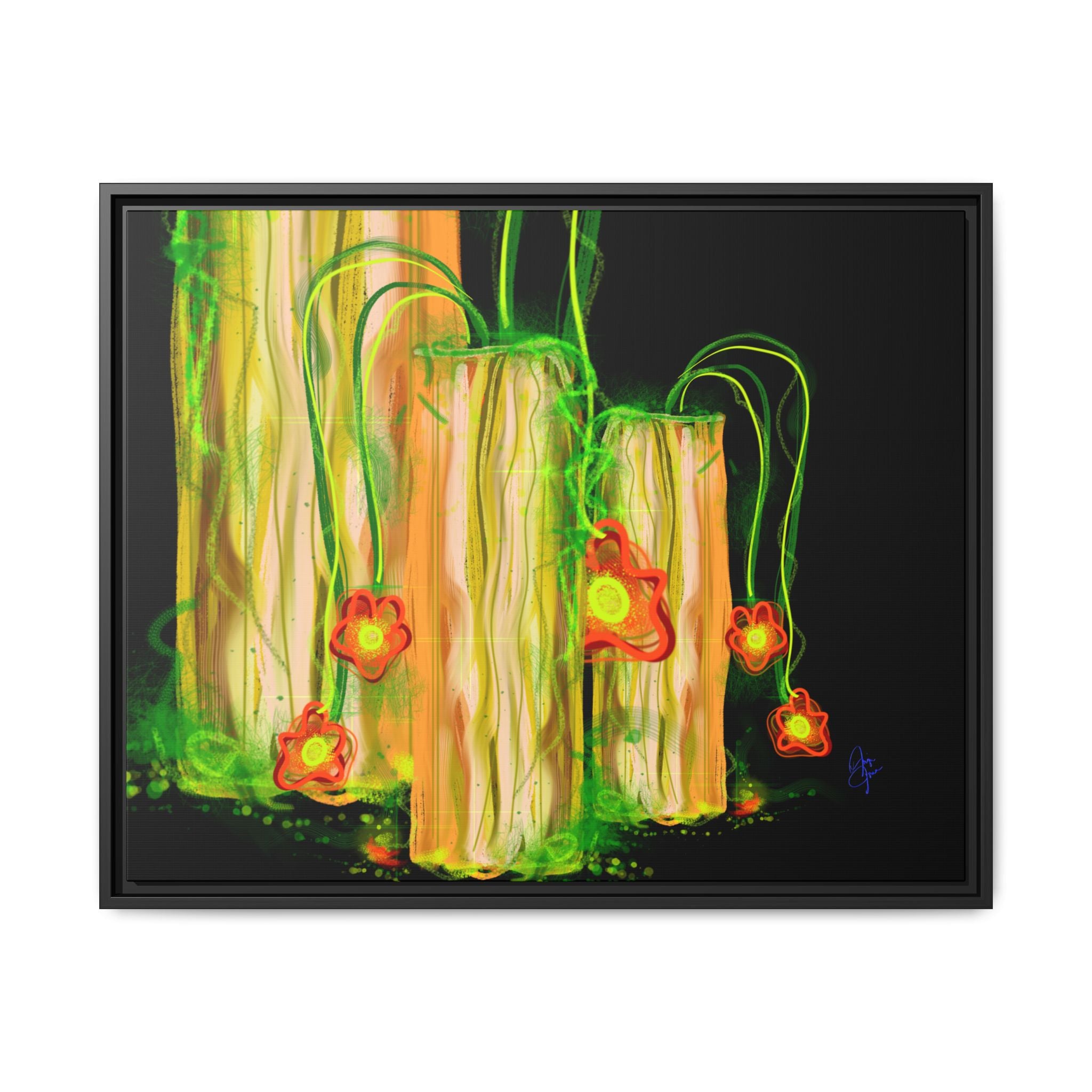 Framed Matte Canvas Print — Neon Floral Candlelight Art