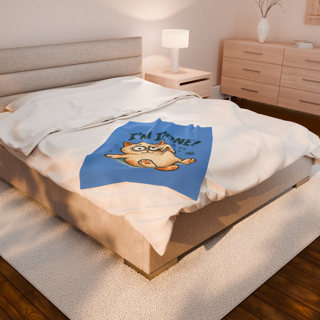 Velveteen Blanket - Cute "I'm Done!" Lazy Cat Plush Throw for Cat Lovers