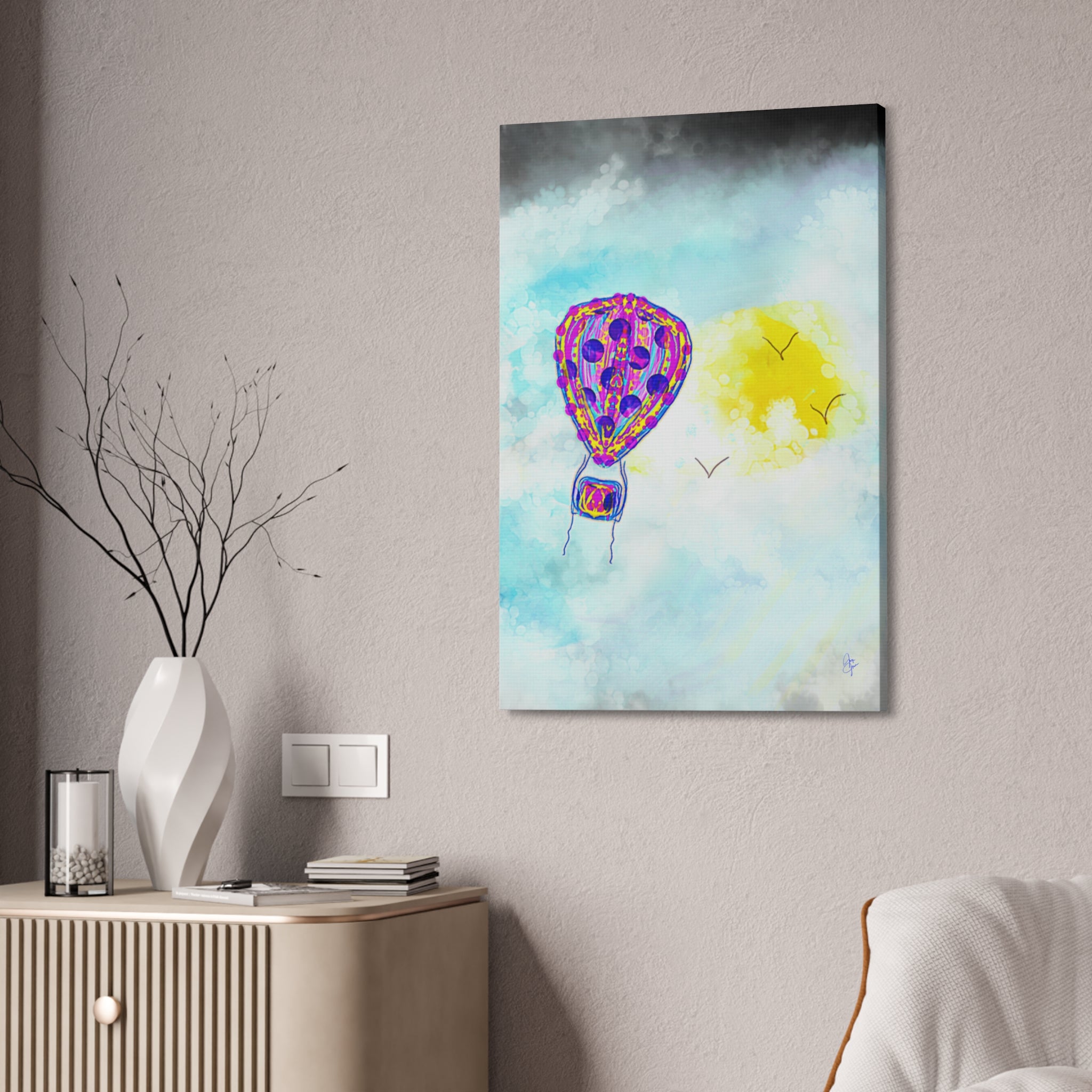 Hot Air Balloon Canvas Art – Whimsical Sunshine Nursery Wall Décor (Stretched Canvas)
