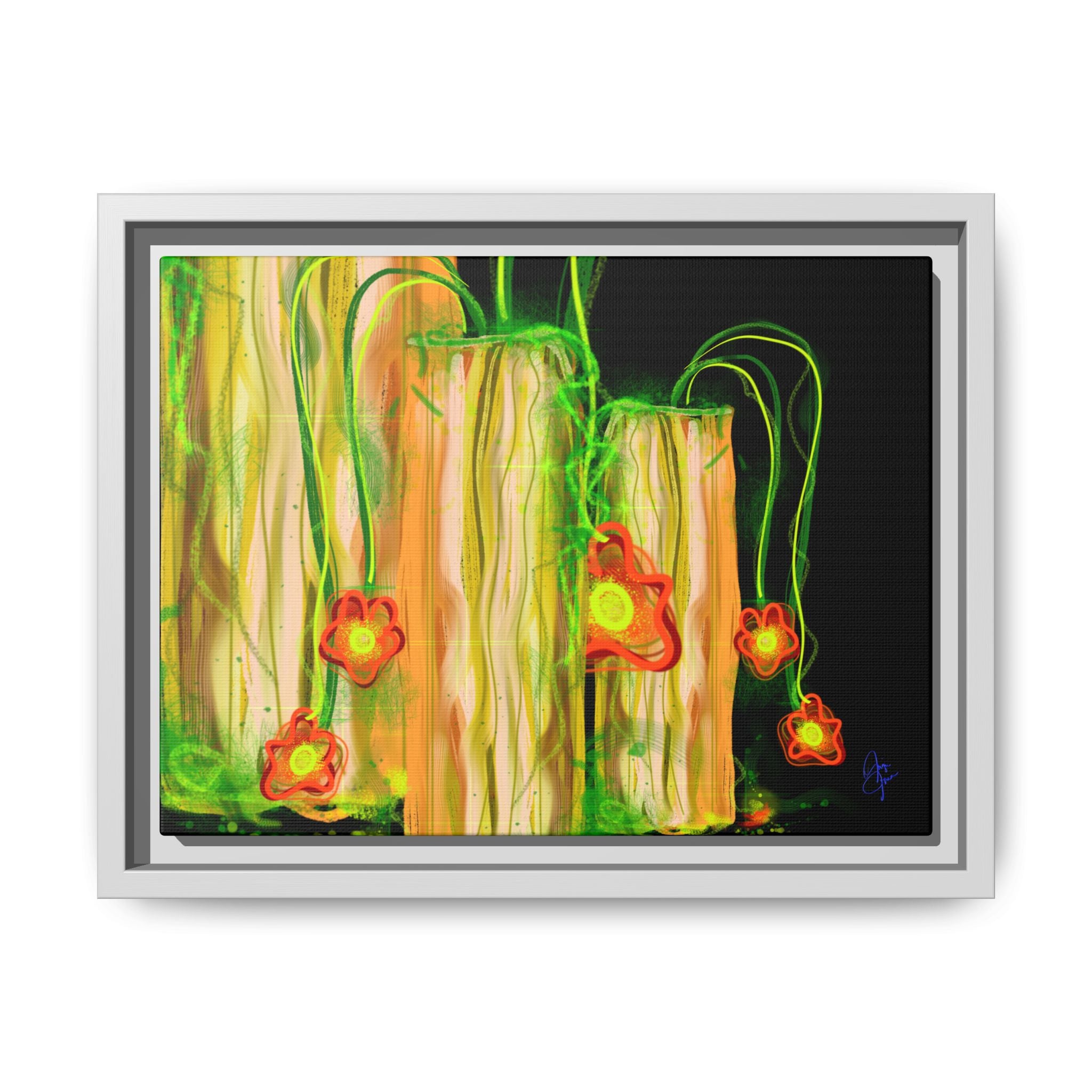 Framed Matte Canvas Print — Neon Floral Candlelight Art