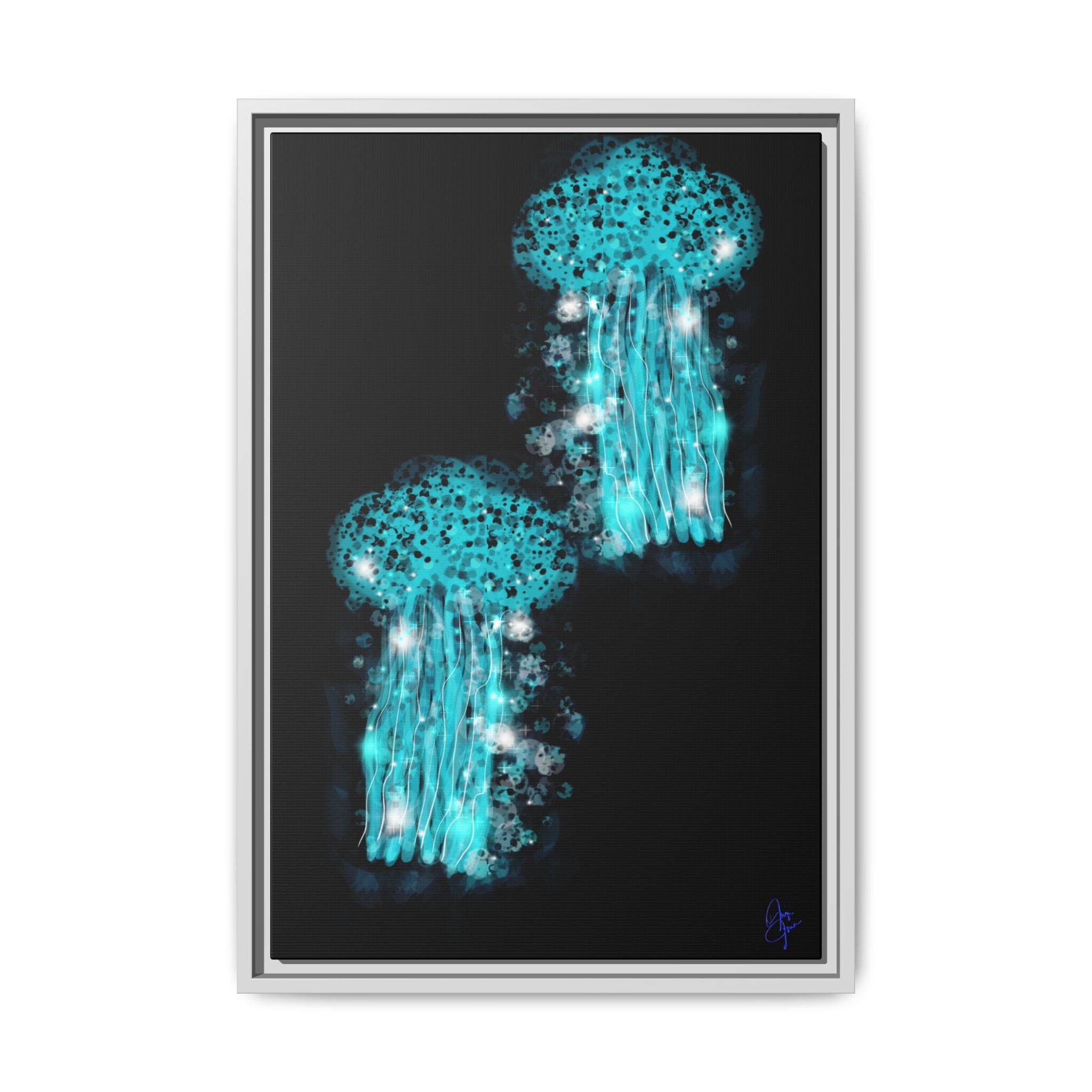 Glowing Jellyfish Art Print — Framed Matte Canvas