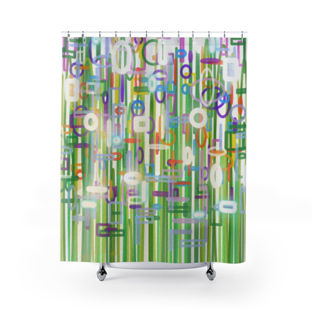 Abstract Green Geometric Shower Curtain — Colorful Mid-Century Modern Bath Decor