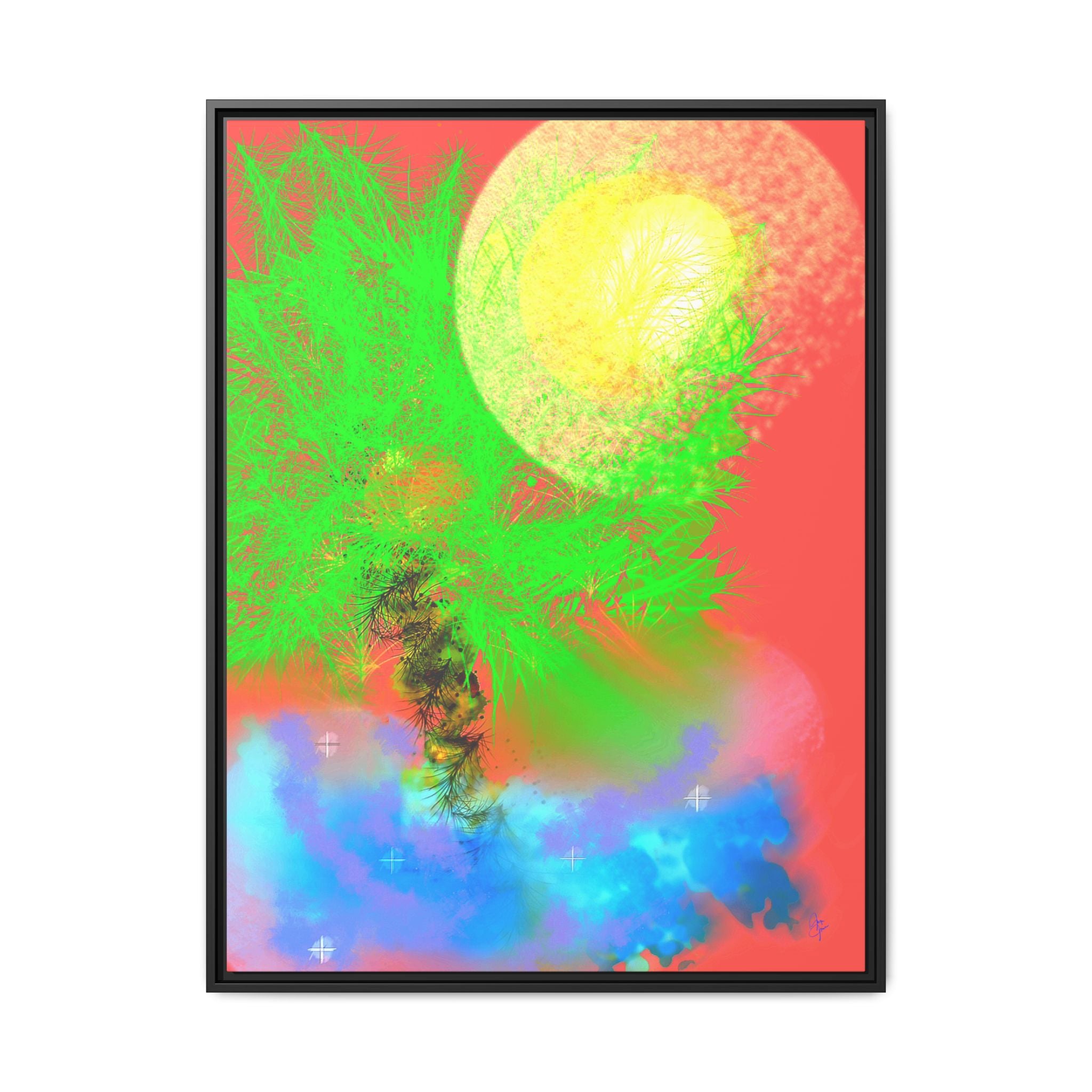 Abstract Neon Tree Matte Canvas Framed Art — Vibrant Green Moon Landscape