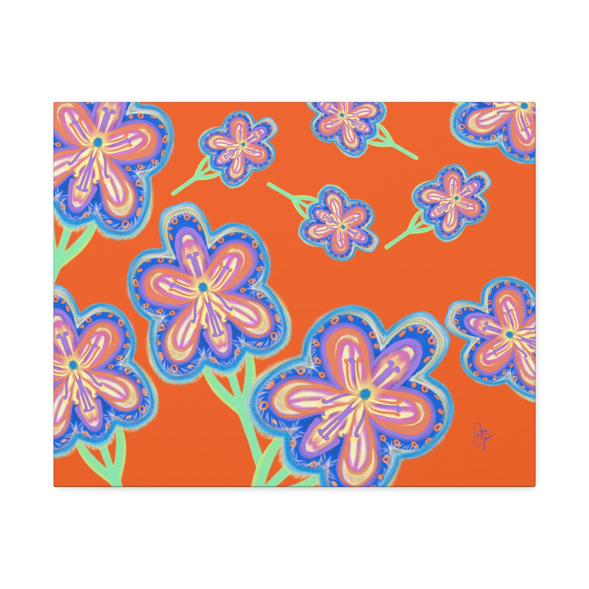 Floral Pop Canvas — Bright Blue Hand-Drawn Flowers Stretched Canvas