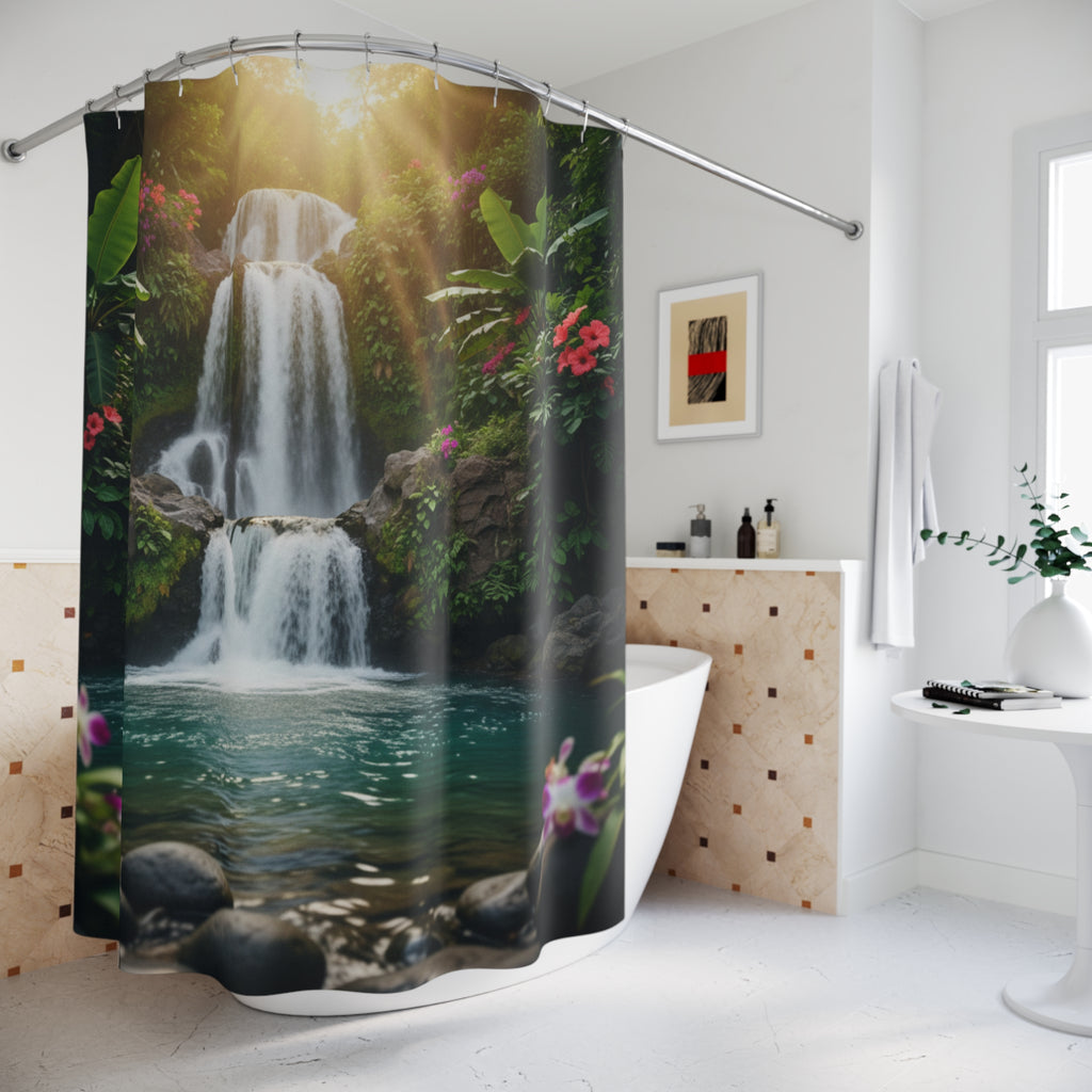 Waterfall Tropical Shower Curtain — Lush Jungle Oasis Bathroom Decor
