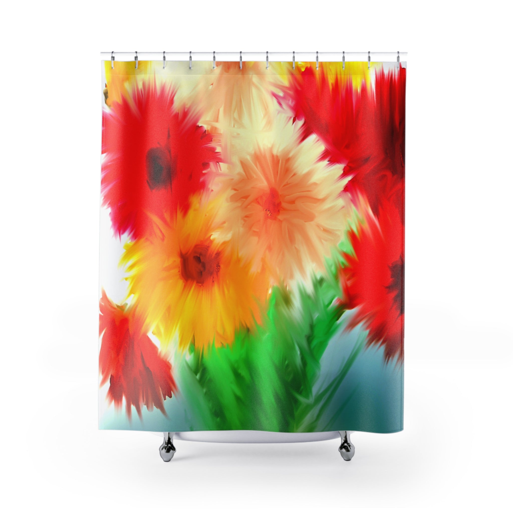 Floral Burst Shower Curtain — Vibrant Watercolor Red & Yellow Flower Bathroom Decor