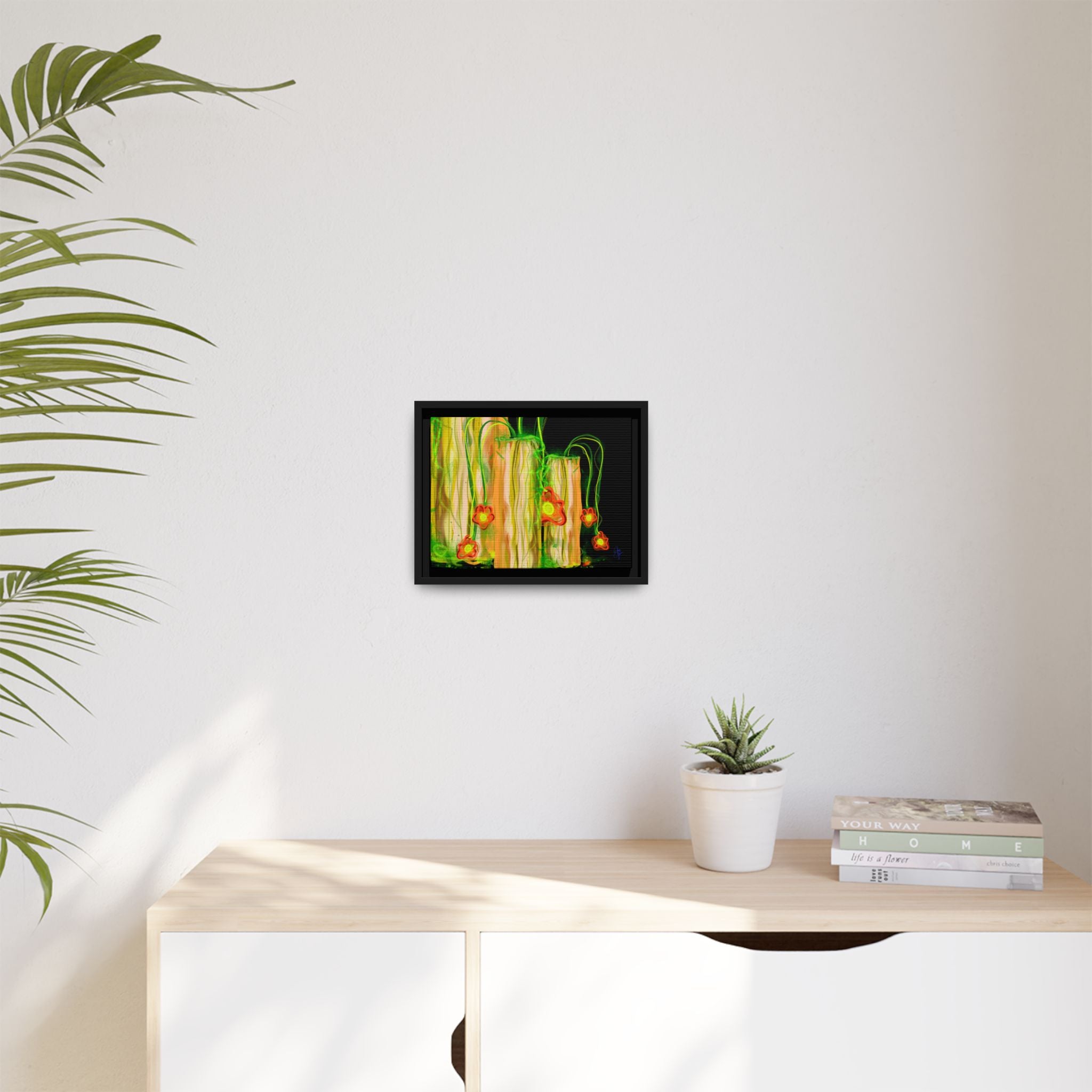 Framed Matte Canvas Print — Neon Floral Candlelight Art