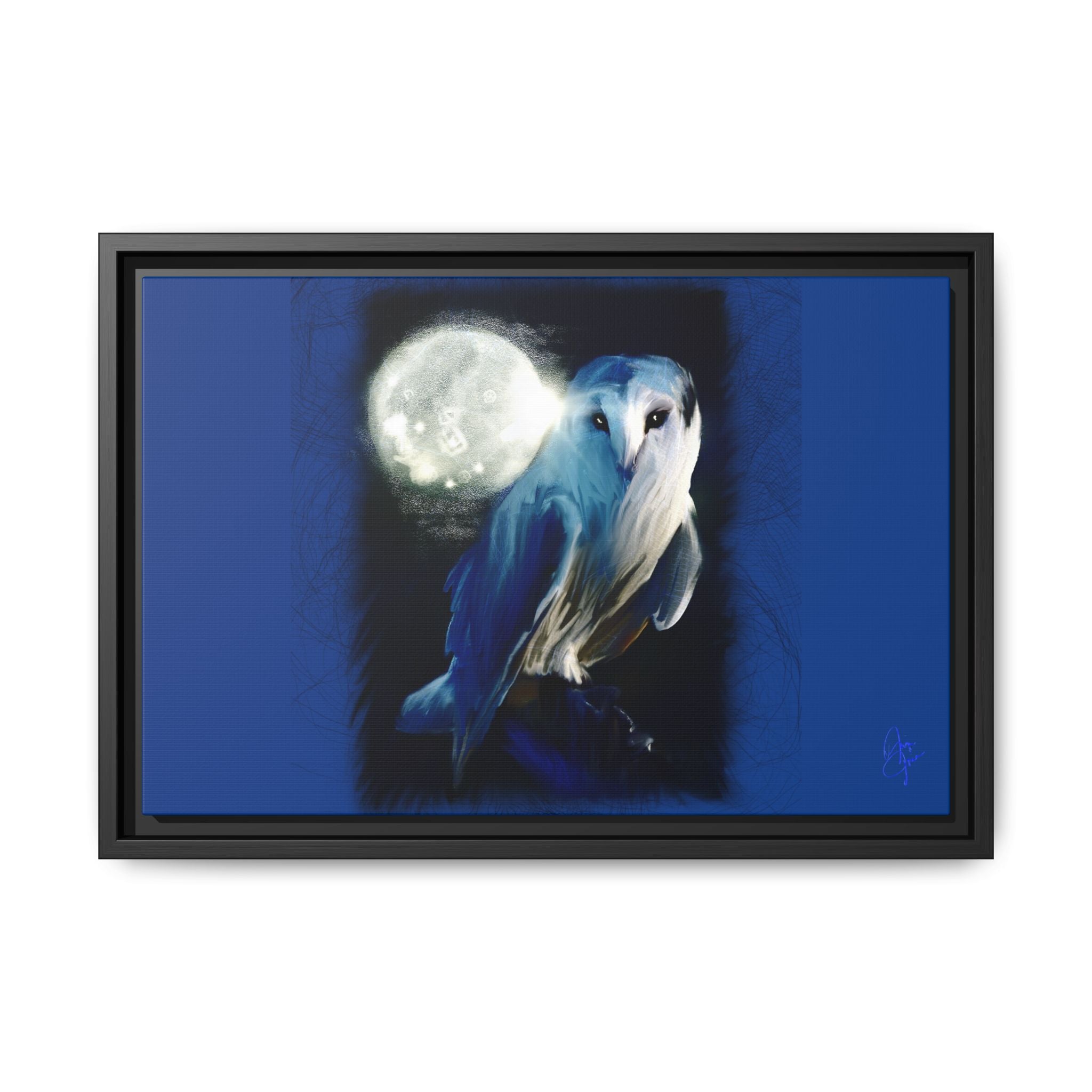 Moonlight Owl Matte Framed Canvas — Mystical Blue Owl Wall Art