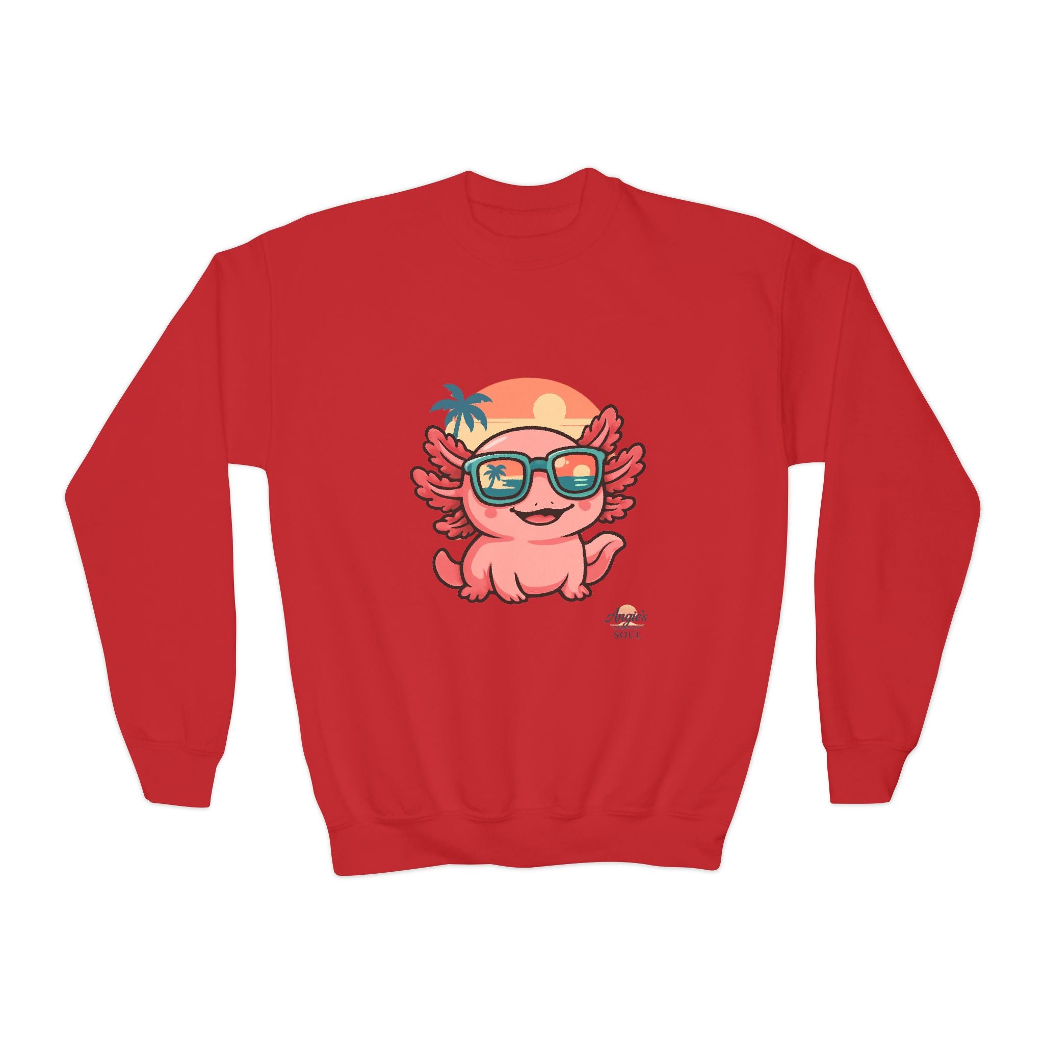 Axolotl Crewneck Sweatshirt — Cute Pink Axolotl with Sunglasses & Sunset