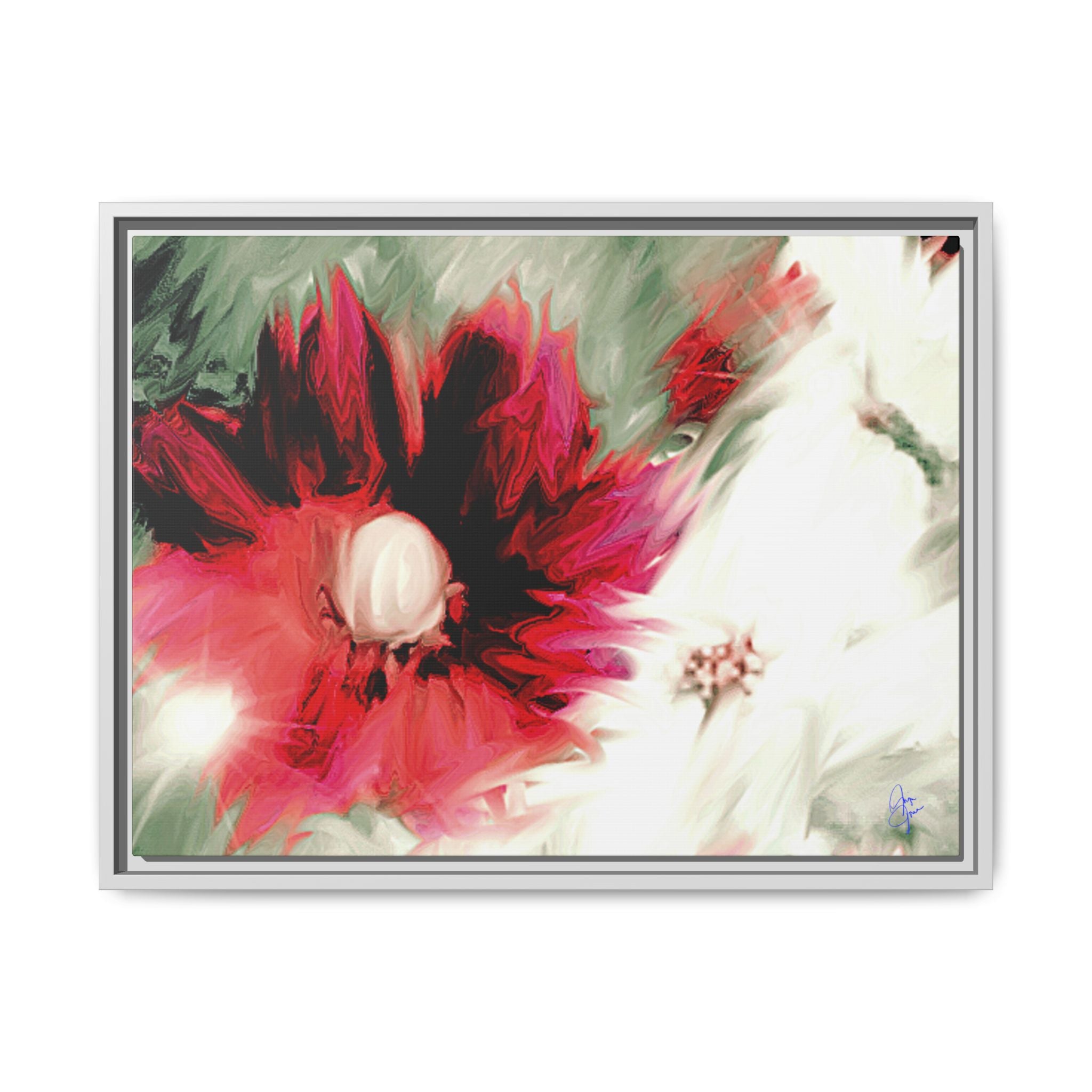 Framed Matte Canvas Print — Blurred Red & White Floral Art