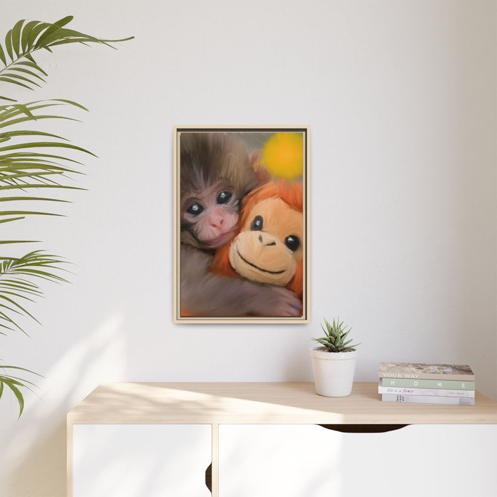 Framed Matte Canvas Print — Baby Monkey & Plush Orangutan Wall Art