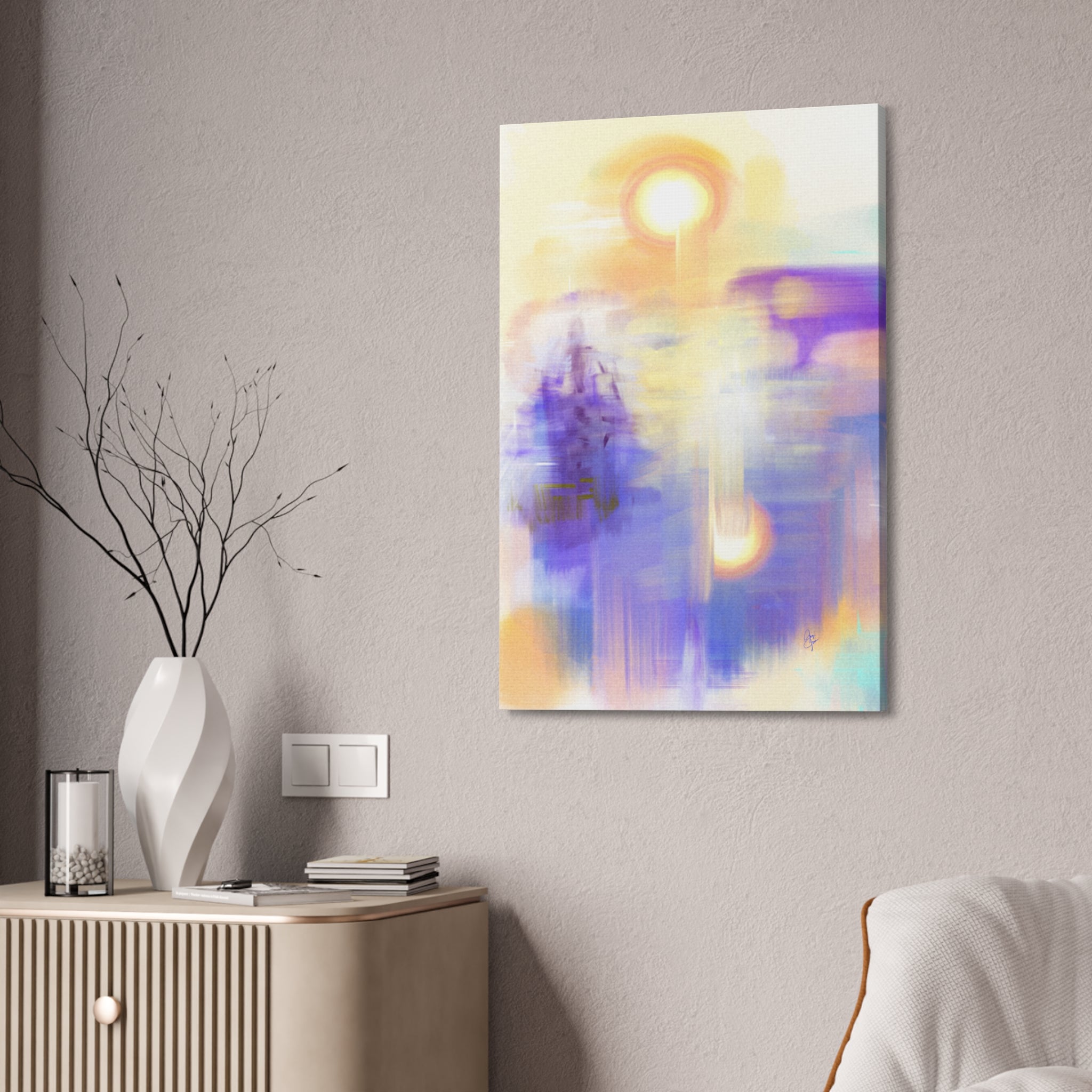 Abstract Sunrise Canvas Print — Ethereal Purple & Gold Stretched Wall Art (1.5" Depth)