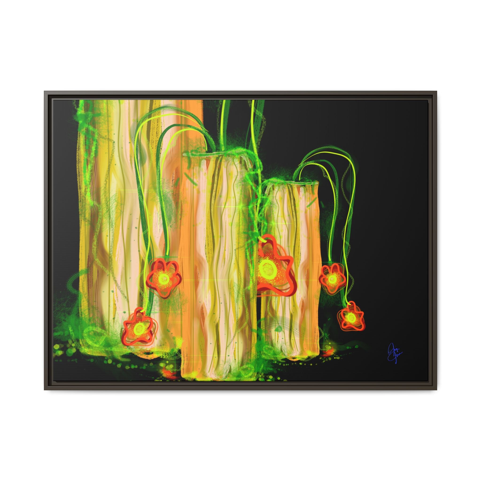 Framed Matte Canvas Print — Neon Floral Candlelight Art