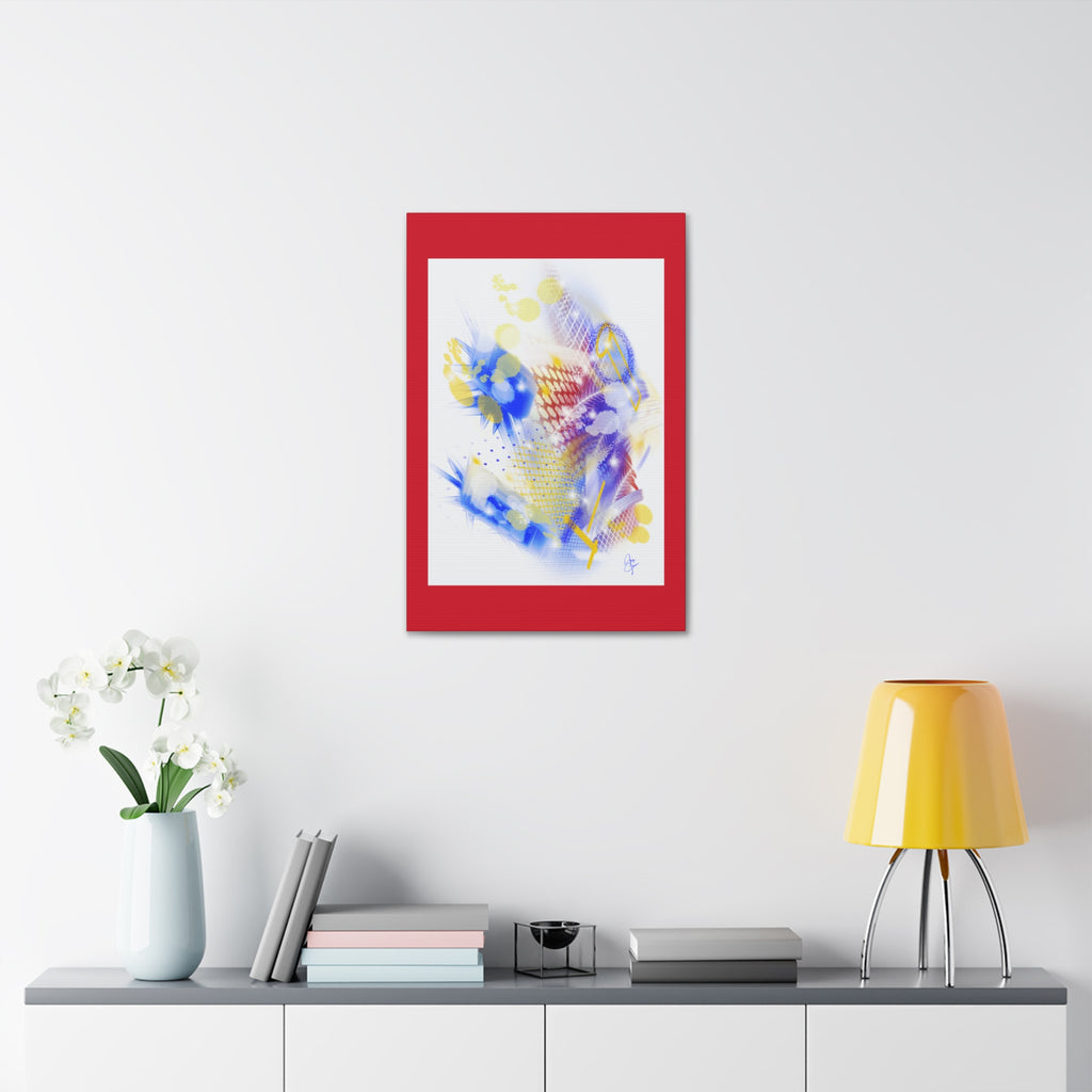 Abstract Blue & Yellow Art Canvas Print — Stretched 1.5" with Red Border
