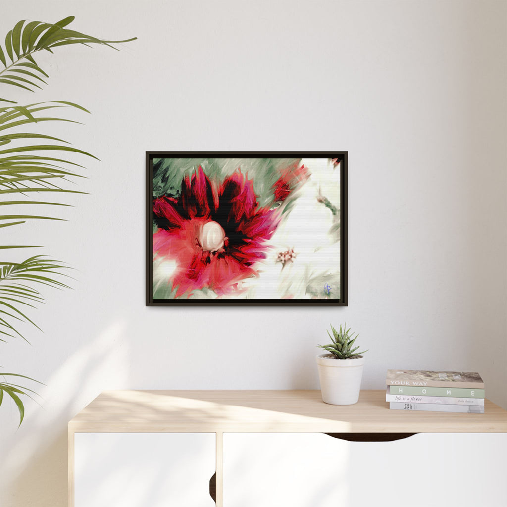 Framed Matte Canvas Print — Blurred Red & White Floral Art
